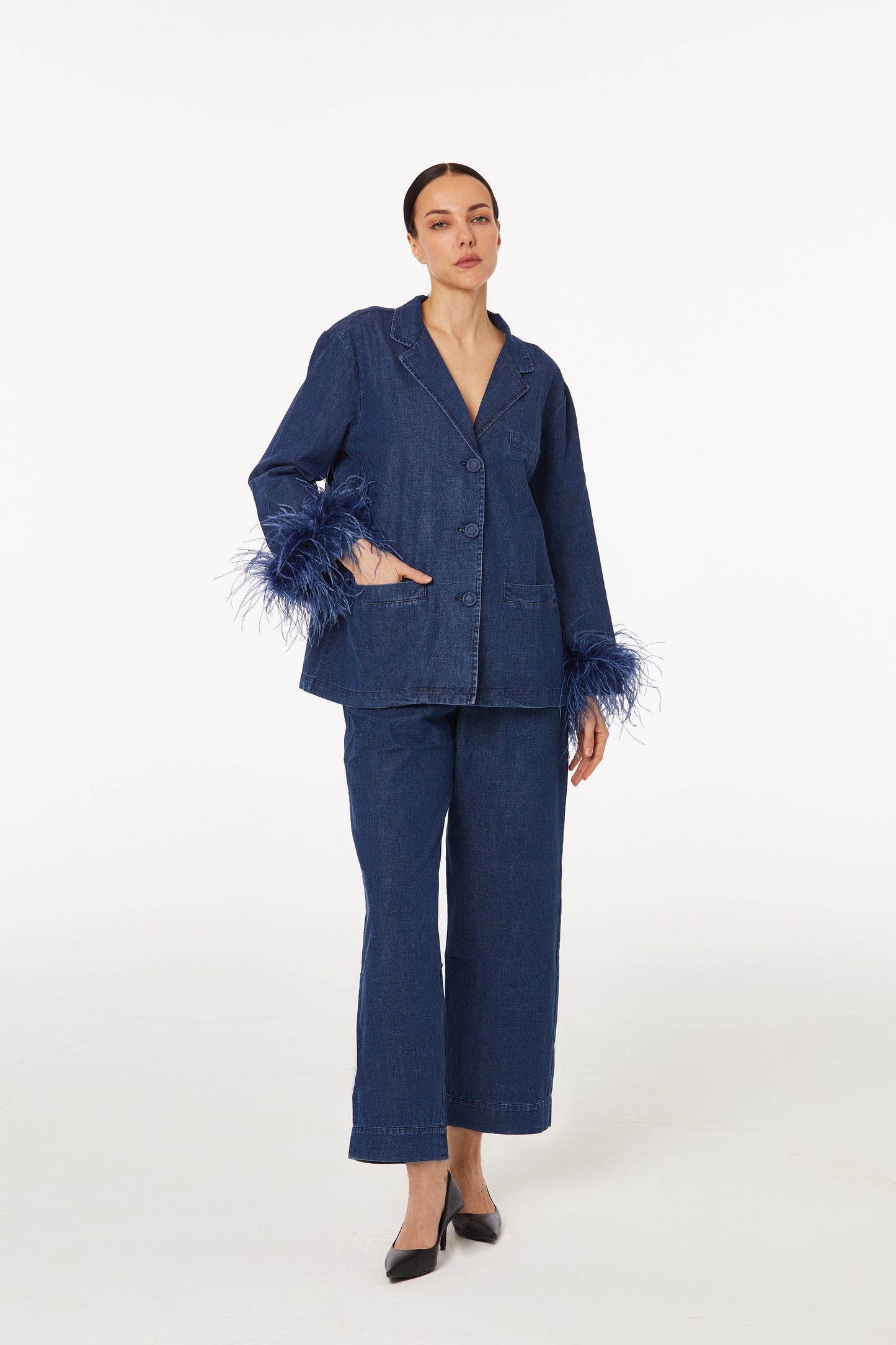 Denim feather-trimmed pantsuit set