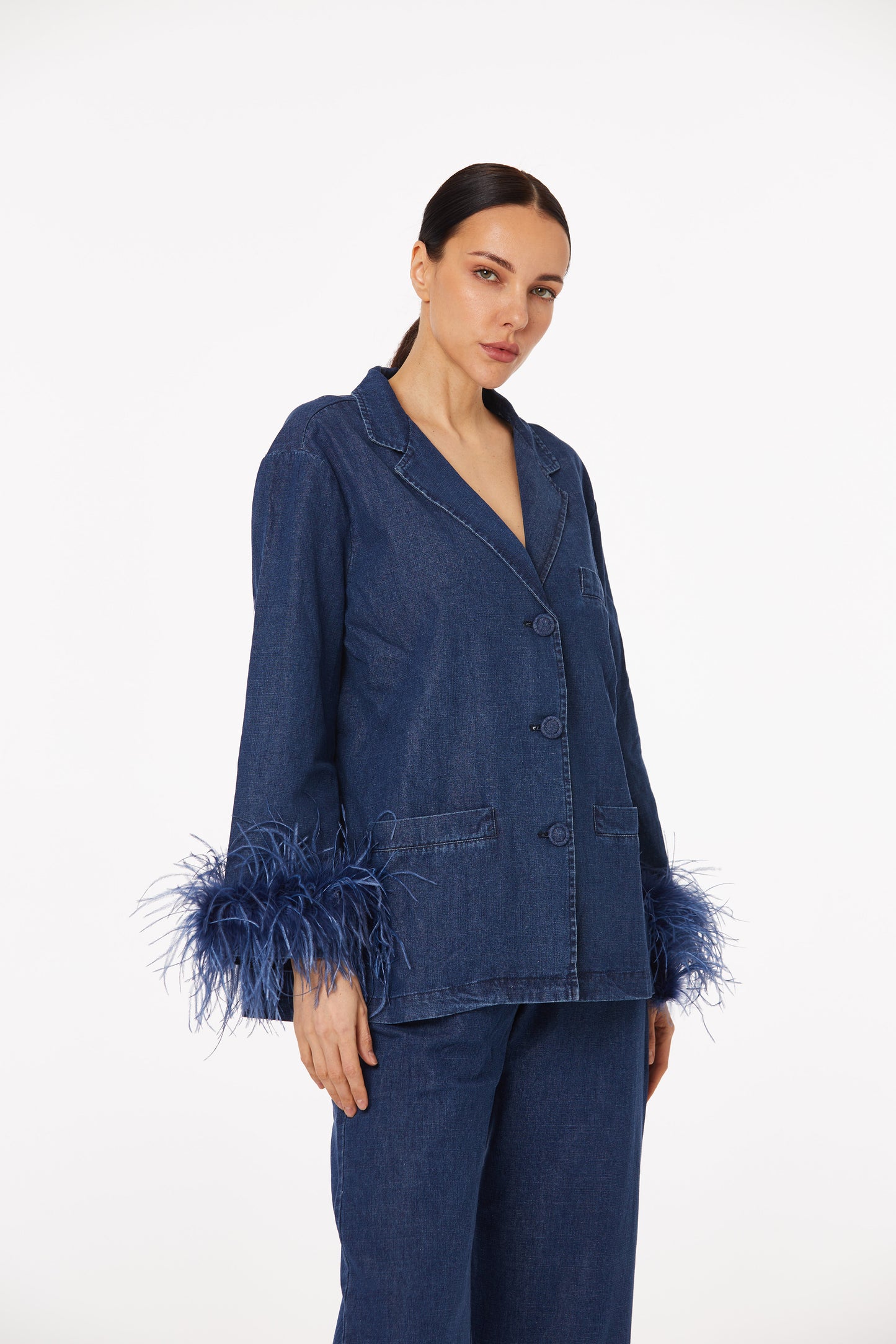 Denim feather-trimmed pantsuit set