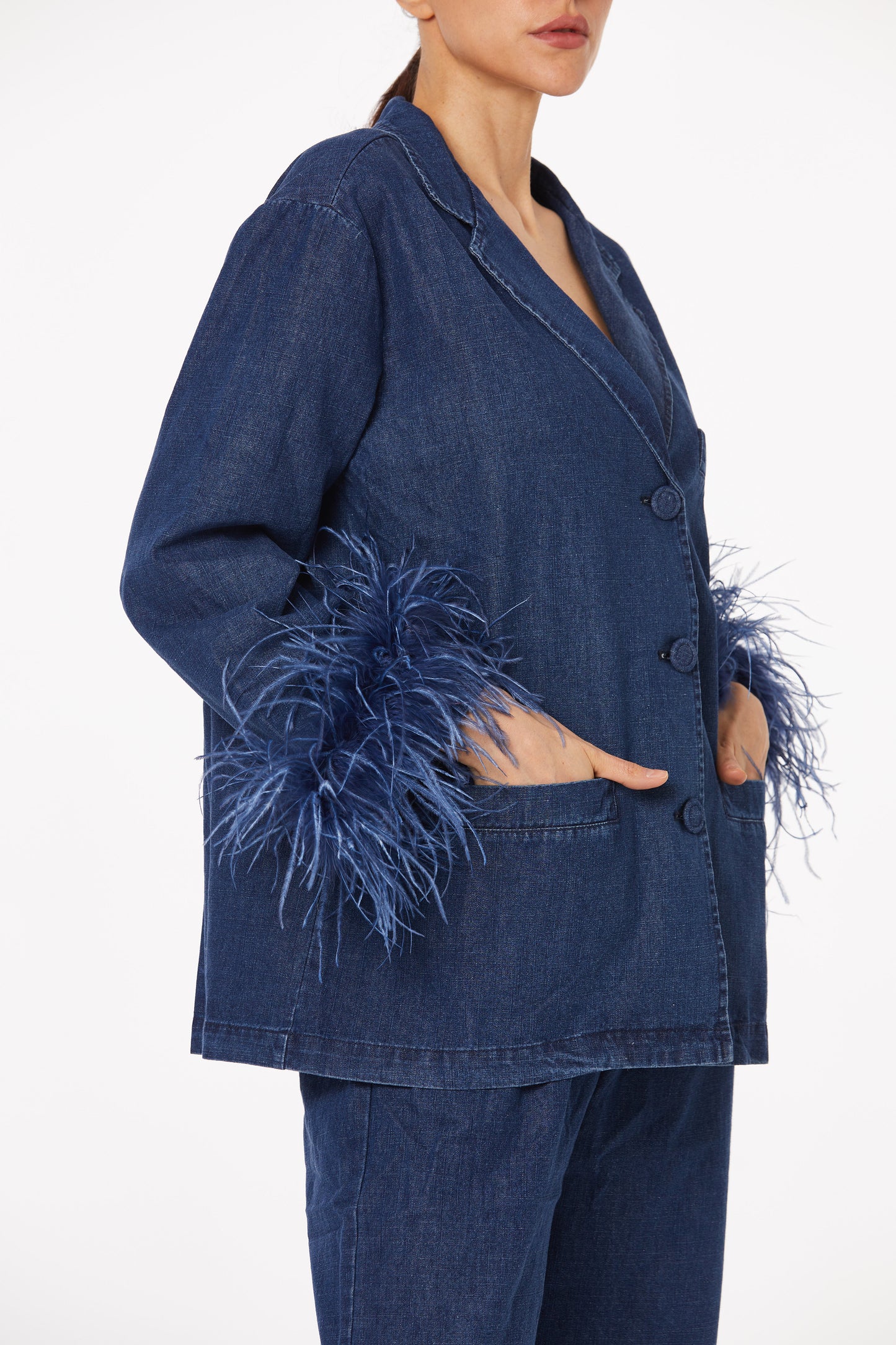 Denim feather-trimmed pantsuit set