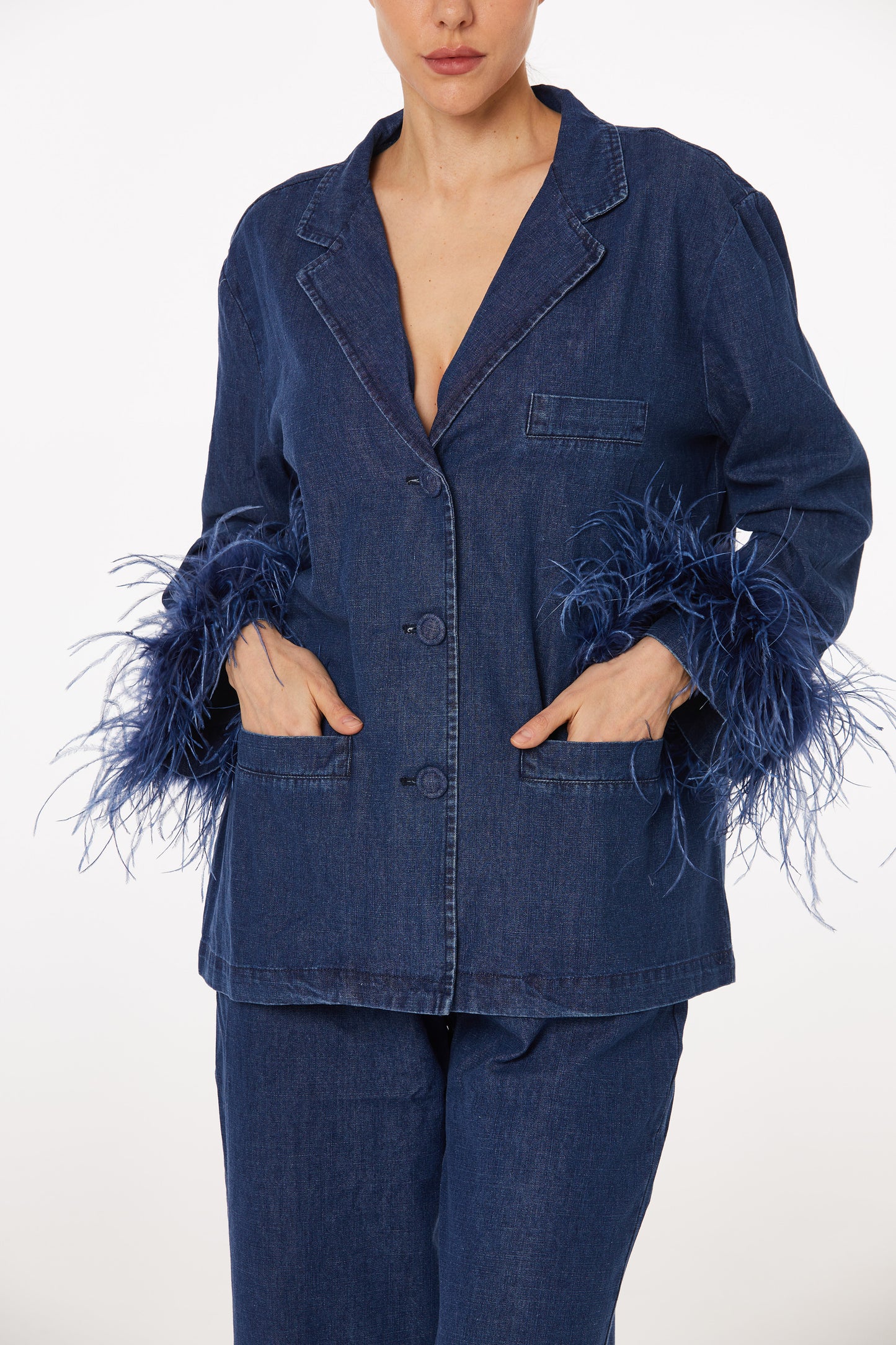 Denim feather-trimmed pantsuit set