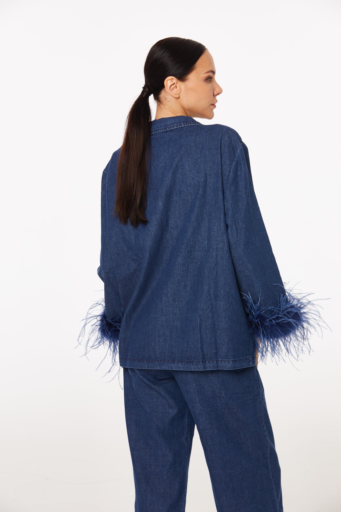 Denim feather-trimmed pantsuit set