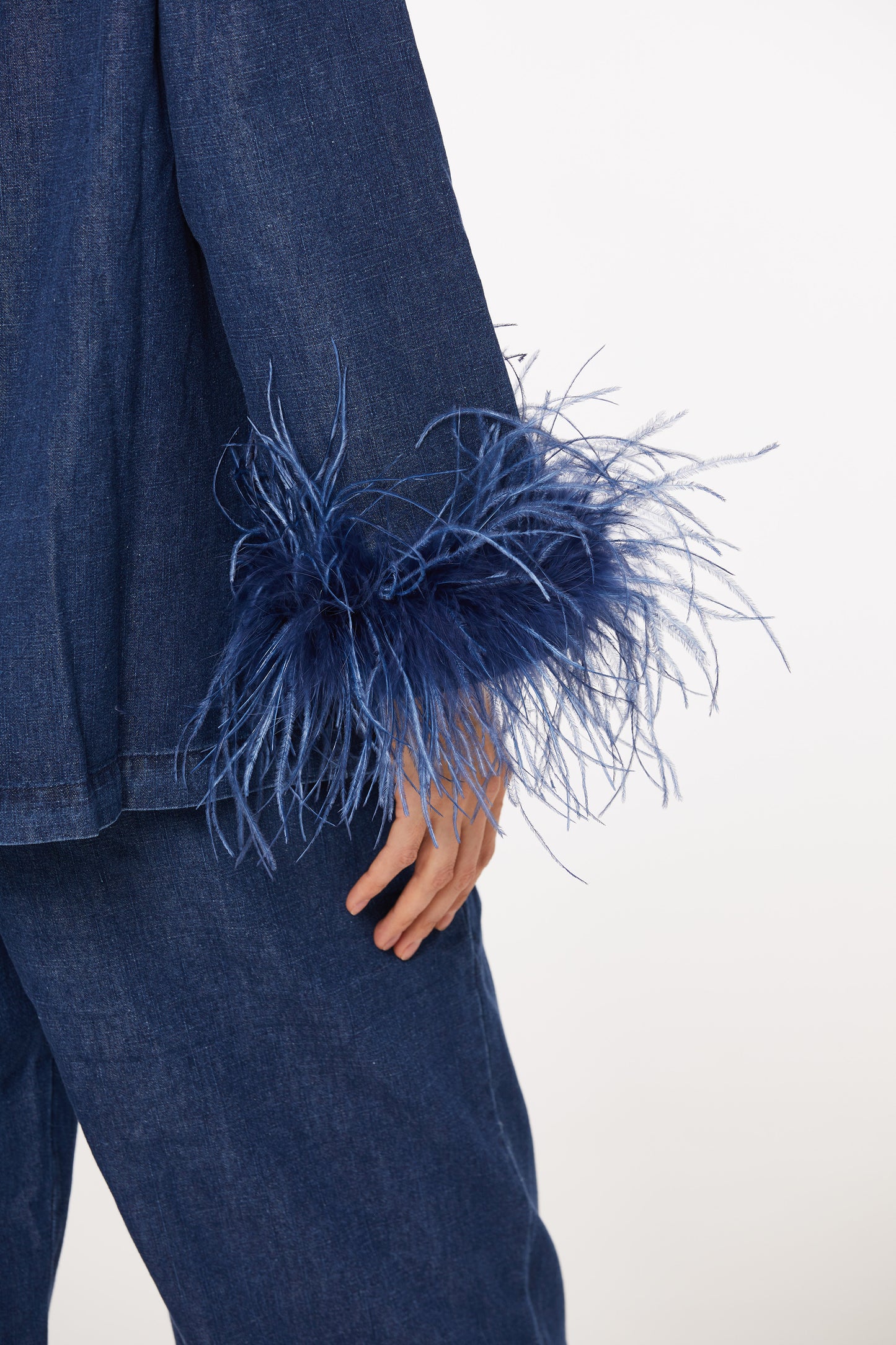 Denim feather-trimmed pantsuit set