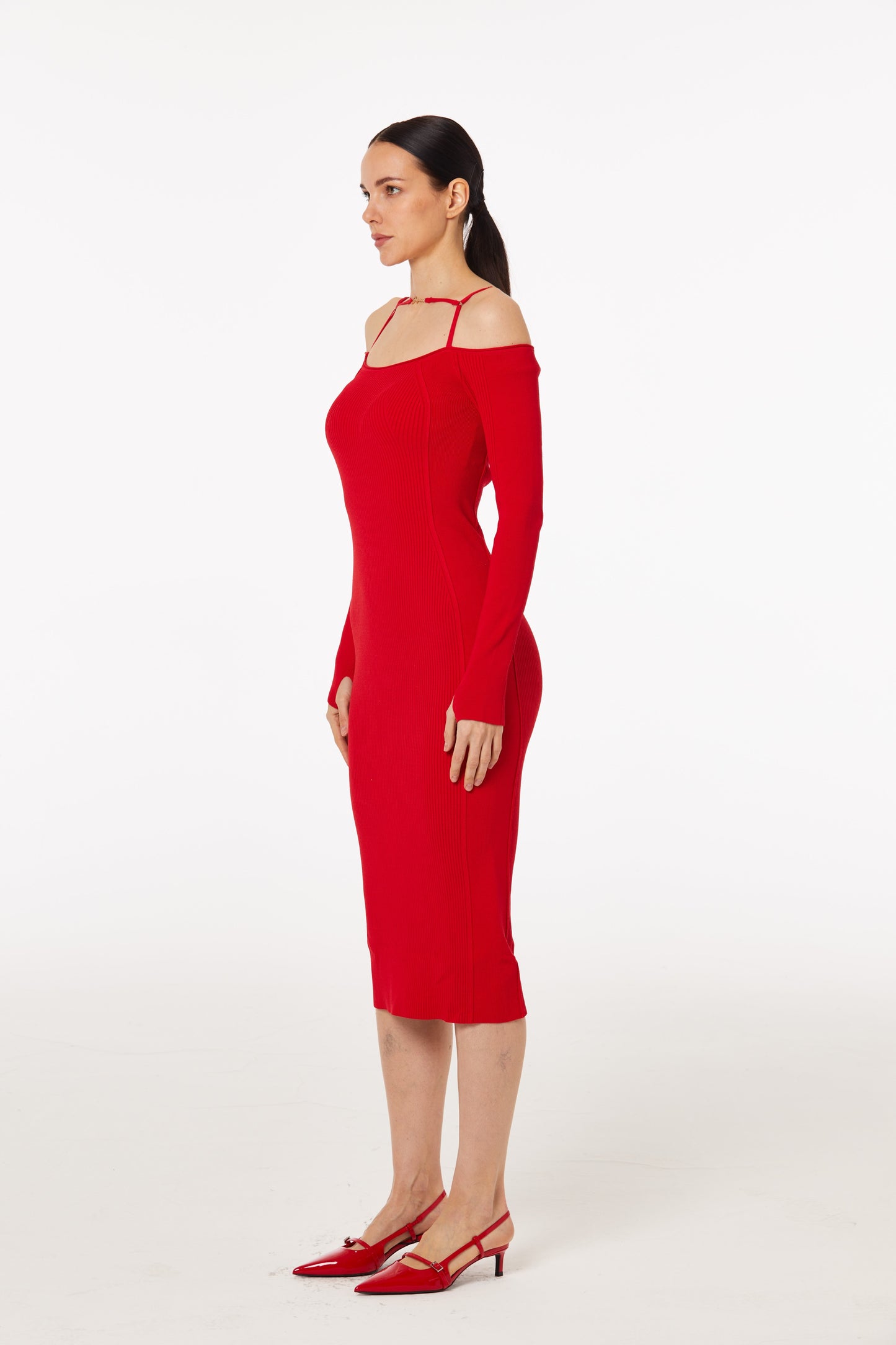 Red knitted square neck dress