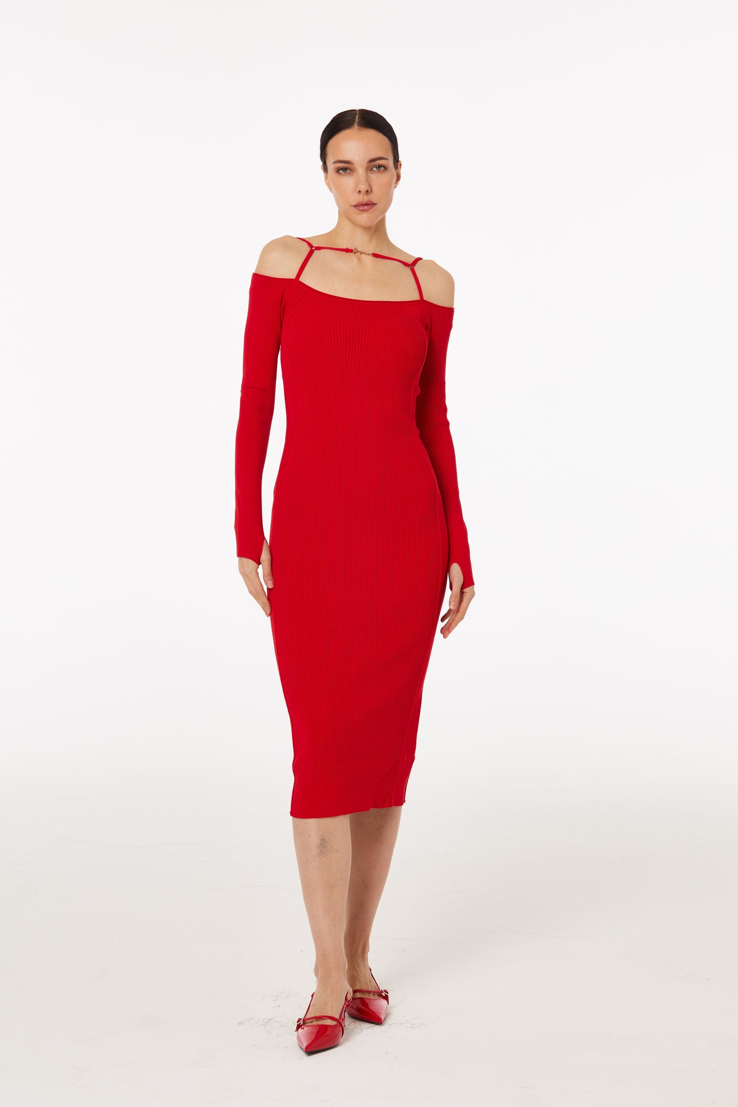 Red knitted square neck dress