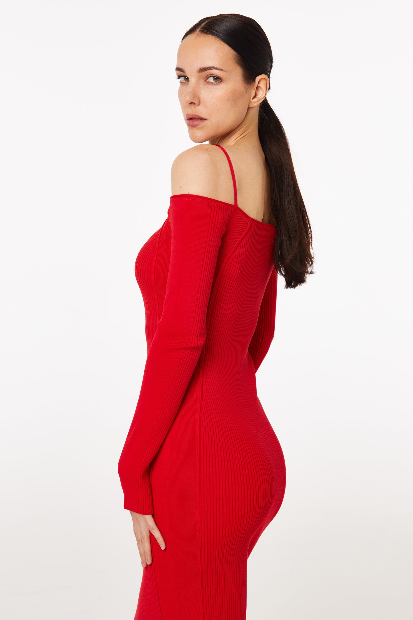 Red knitted square neck dress