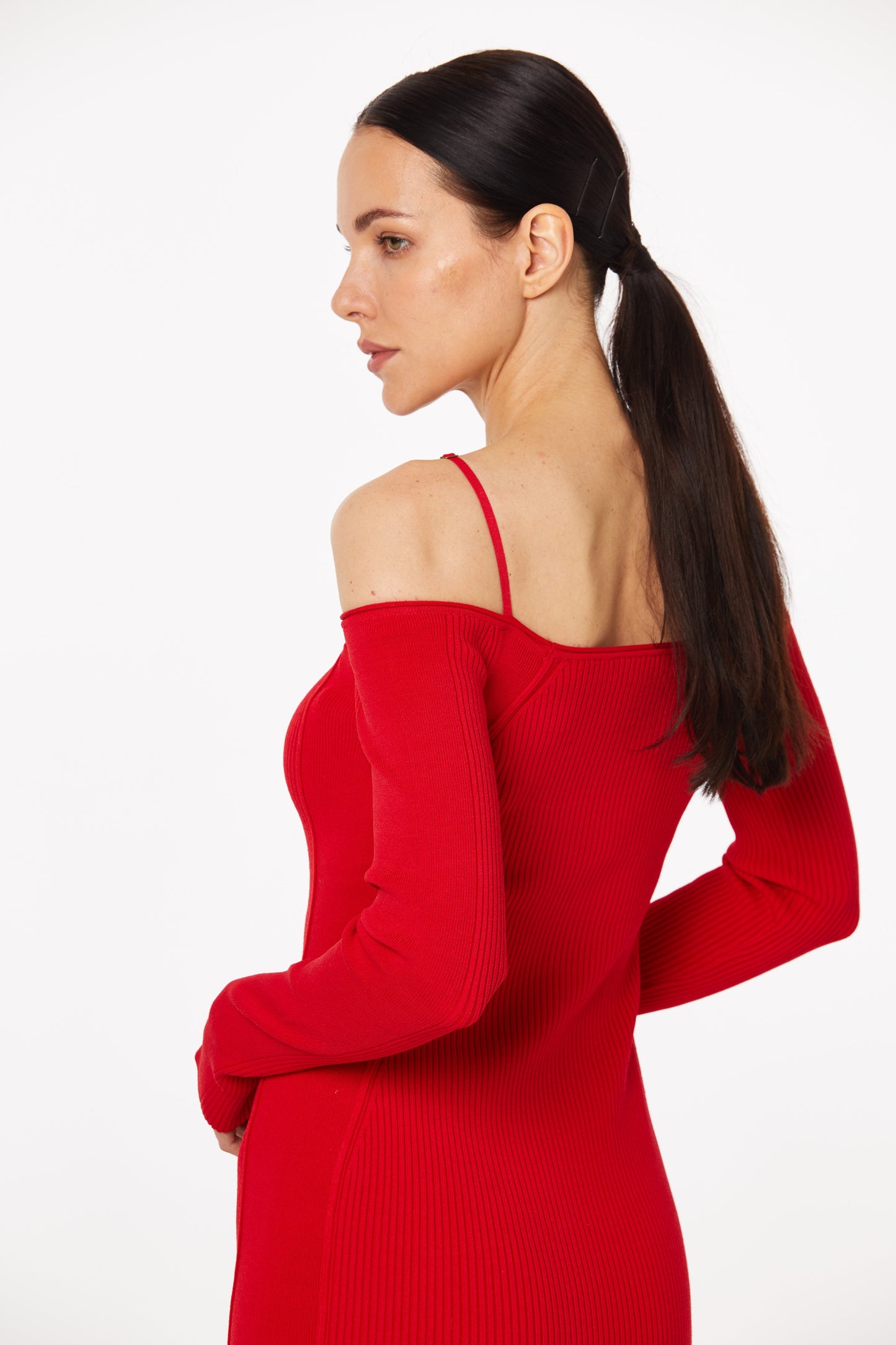 Red knitted square neck dress