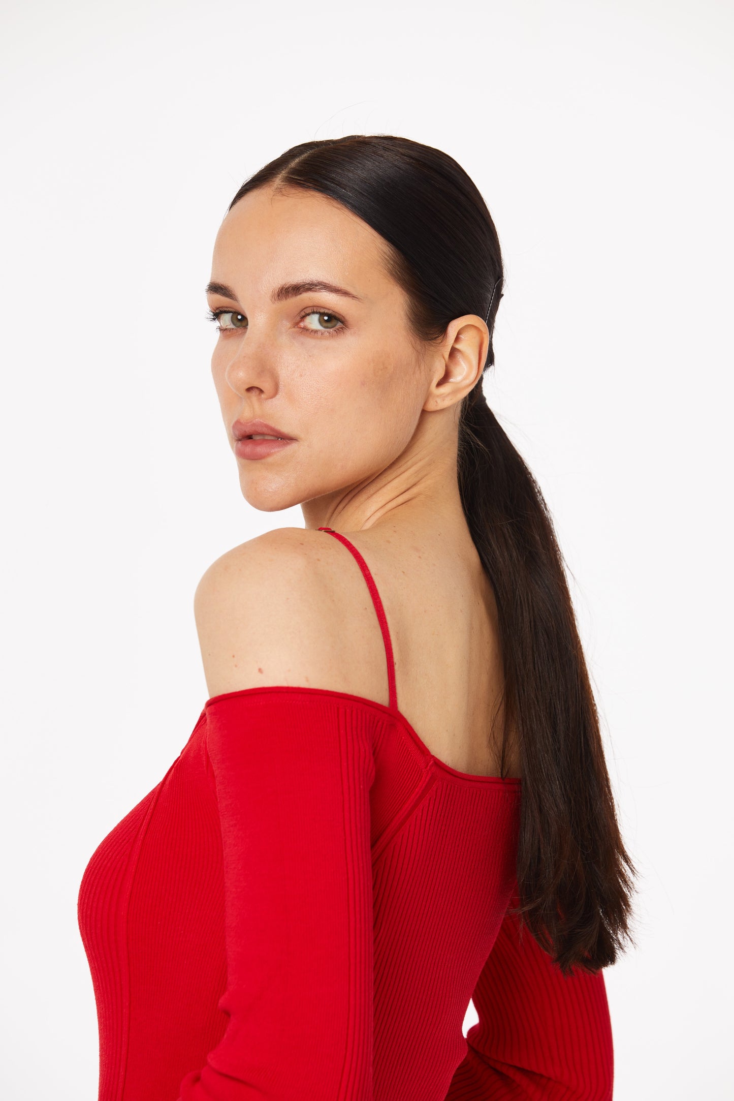 Red knitted square neck dress