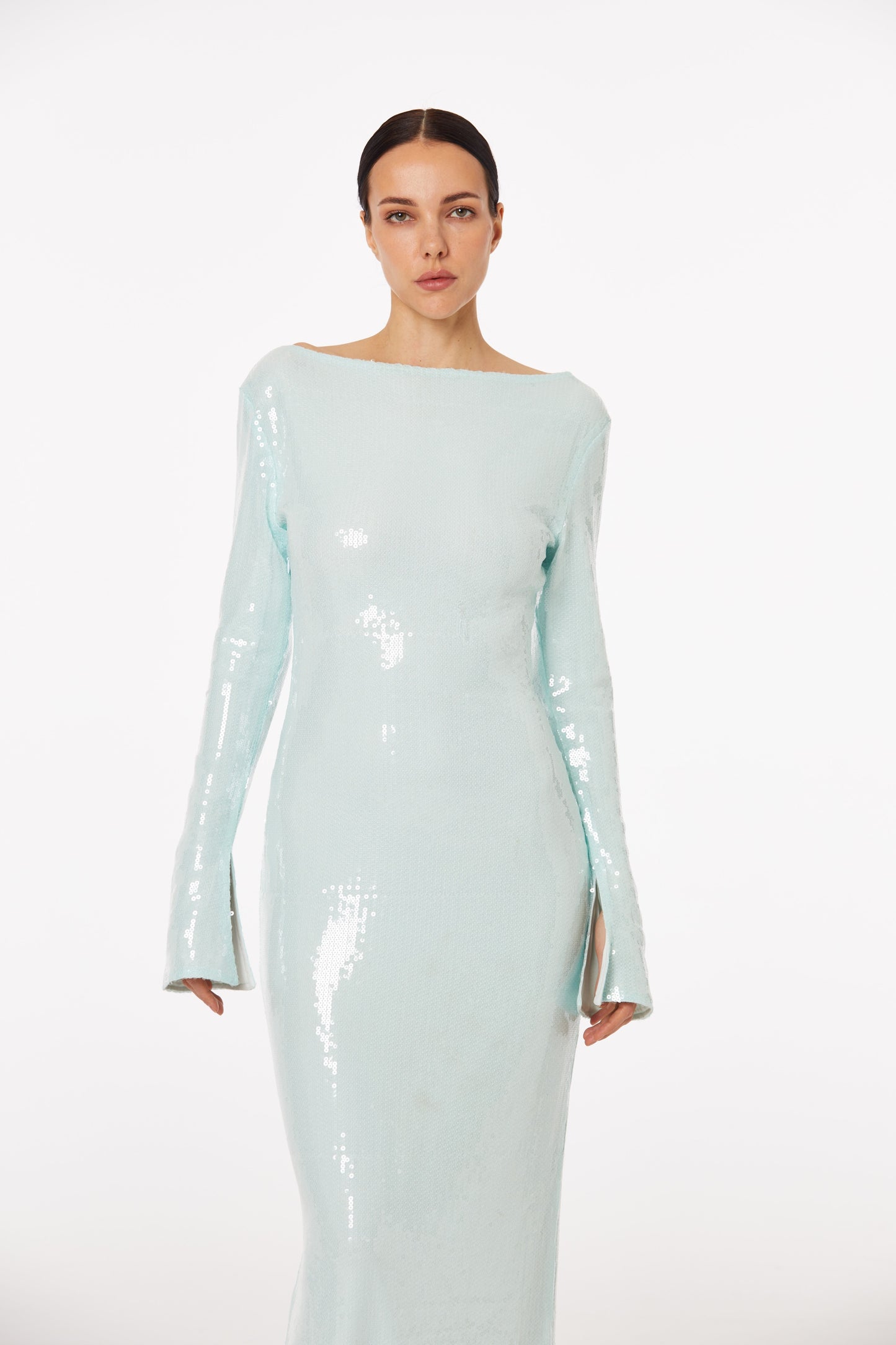 Baby blue body-hugging sequin open-back dress