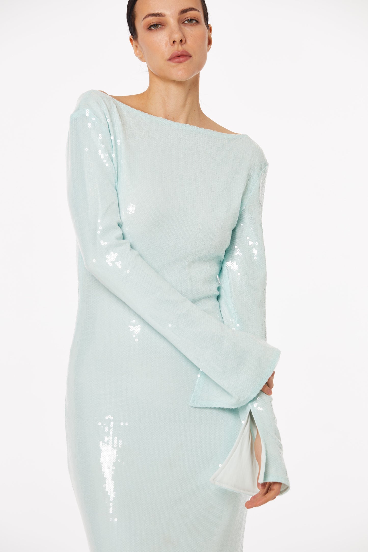 Baby blue body-hugging sequin open-back dress