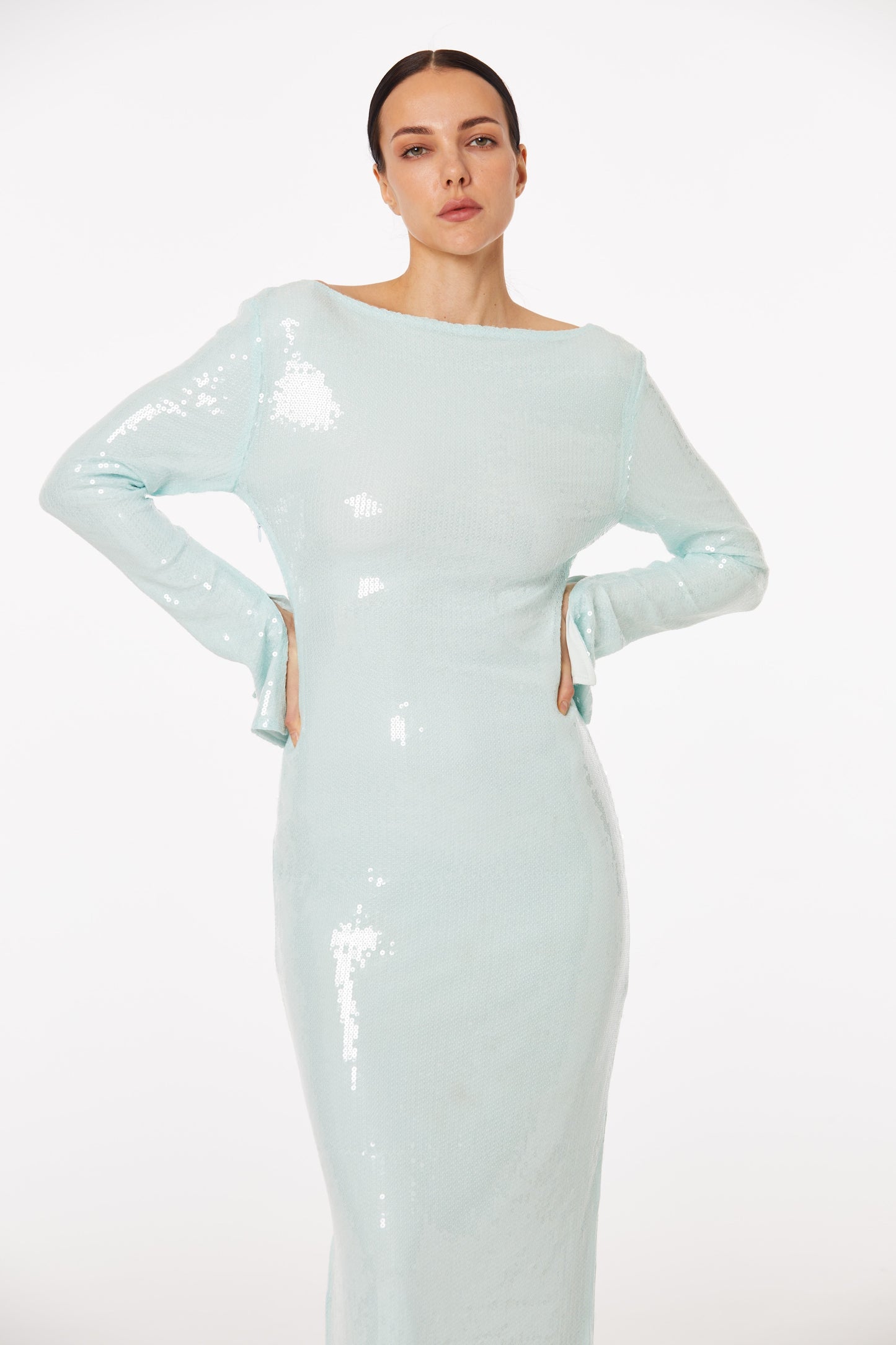 Baby blue body-hugging sequin open-back dress