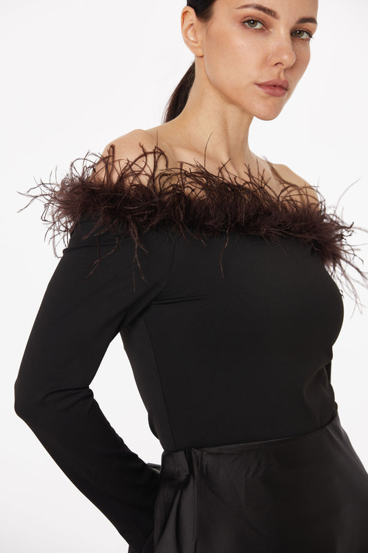 Feather-trimmed off-shoulder top