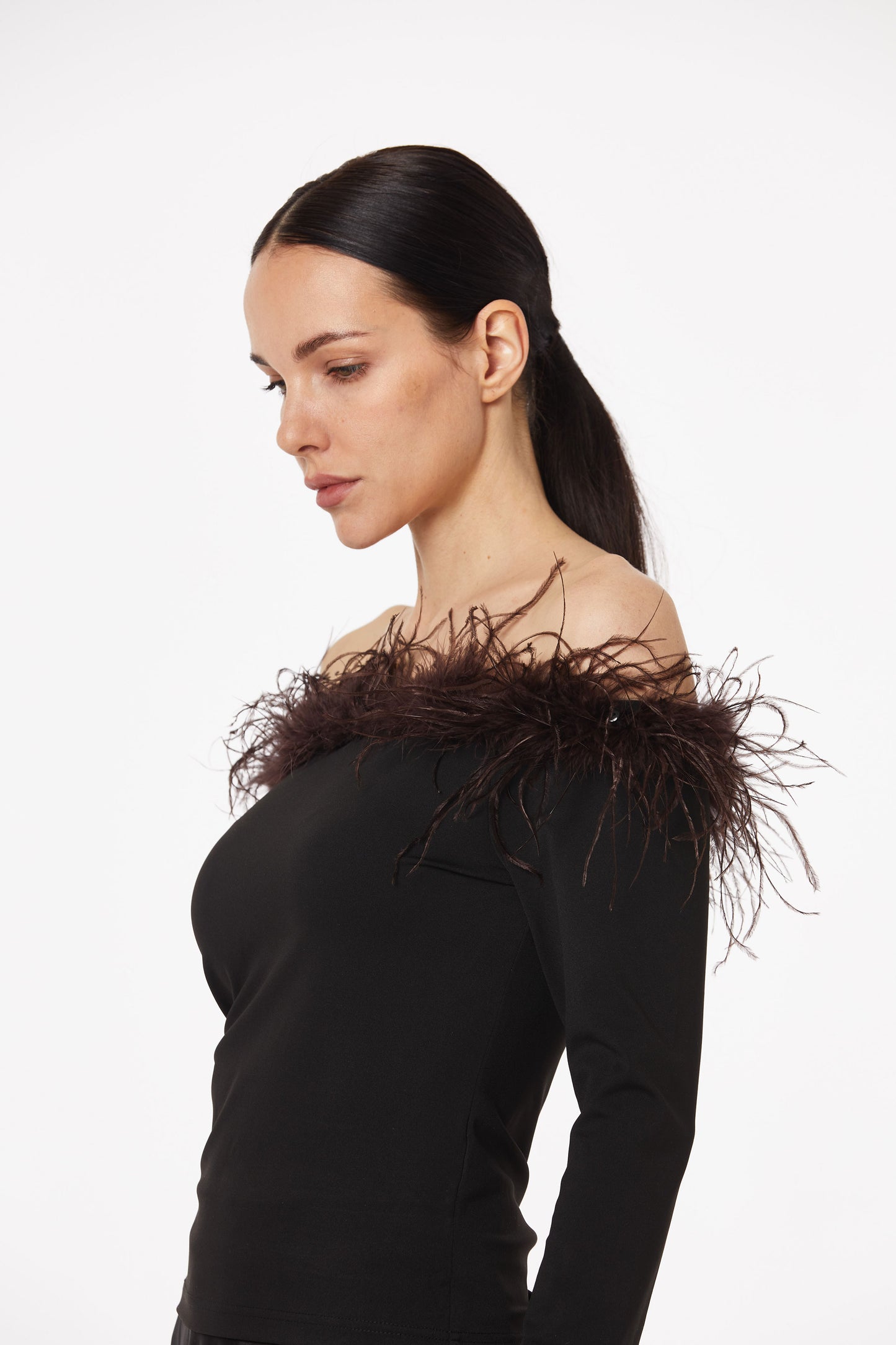 Feather-trimmed off-shoulder top