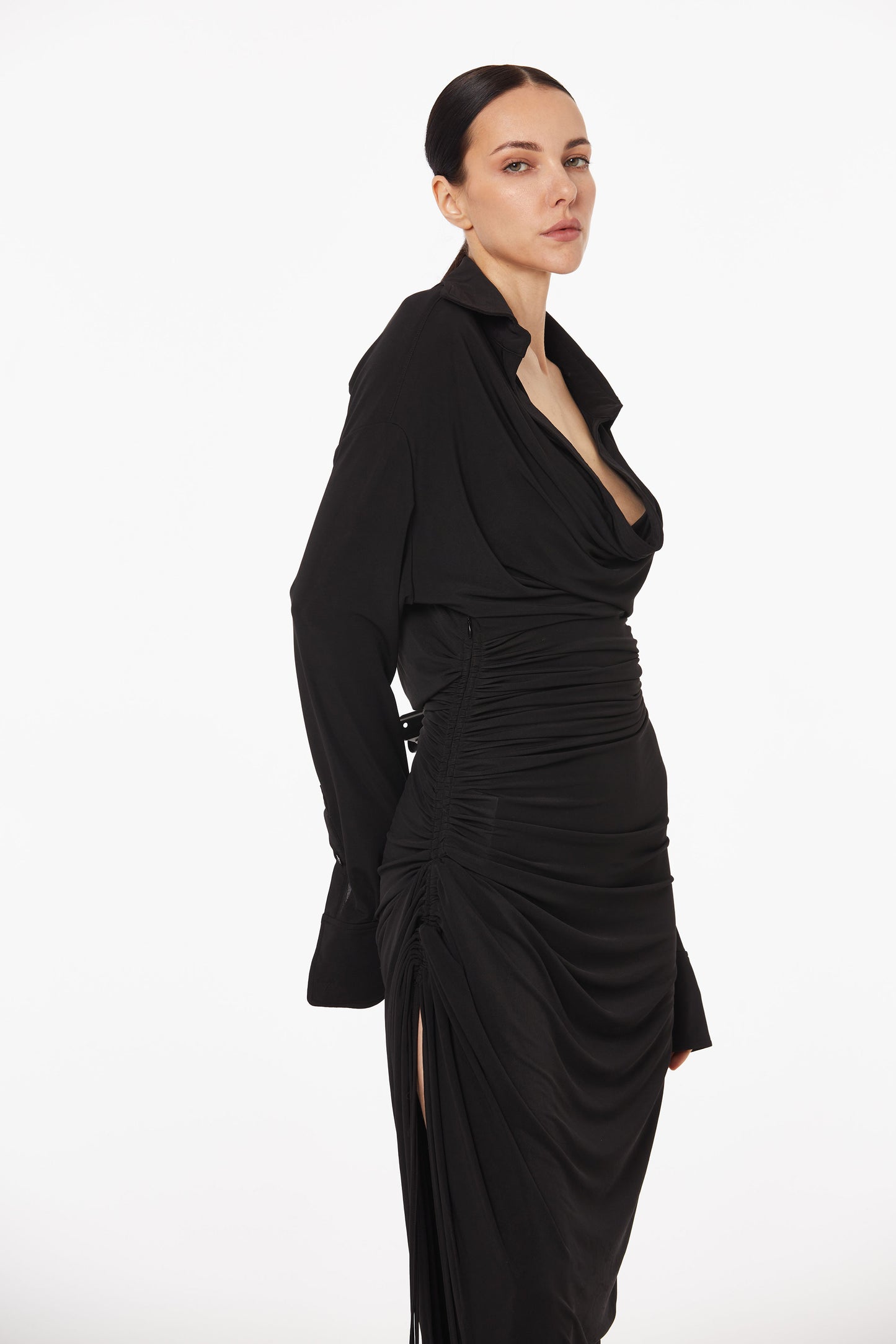 Asymmetric cowl neck body-hugging drape dress