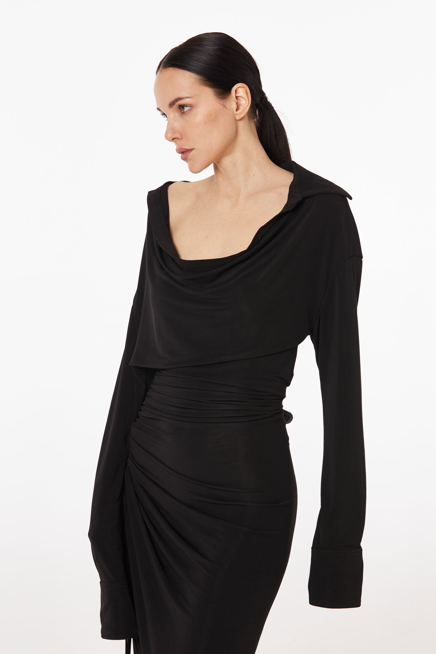 Asymmetric cowl neck body-hugging drape dress