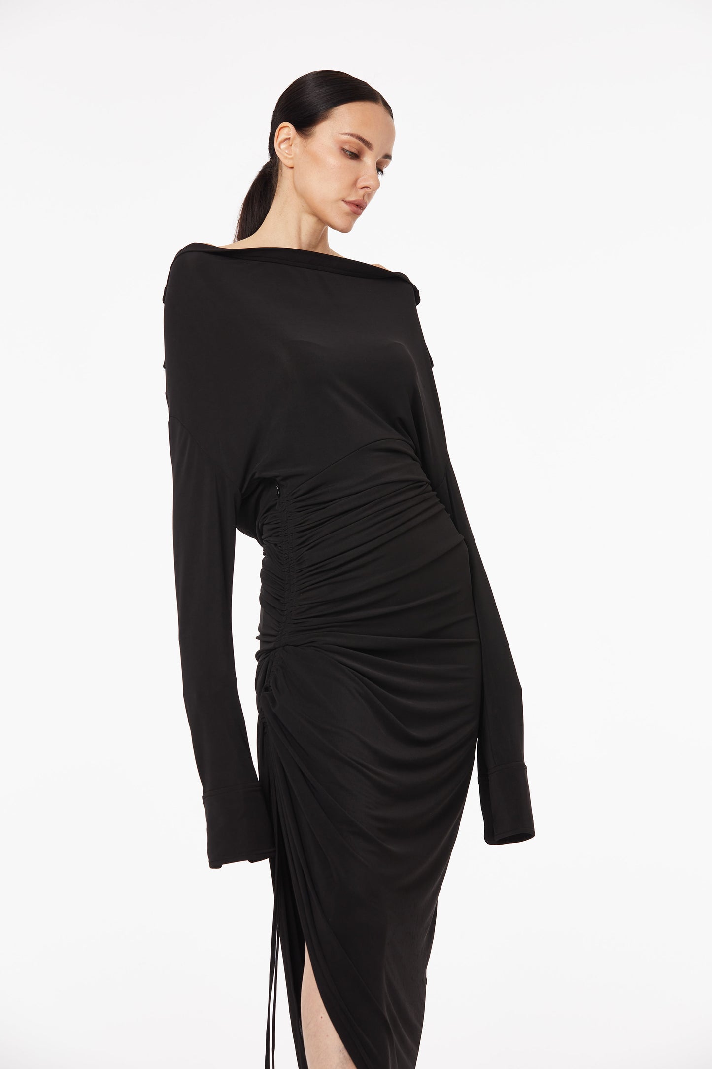 Asymmetric cowl neck body-hugging drape dress