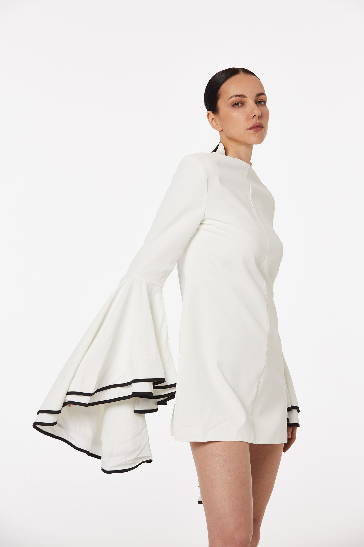 Crepe ruffle sleeve mini-dress