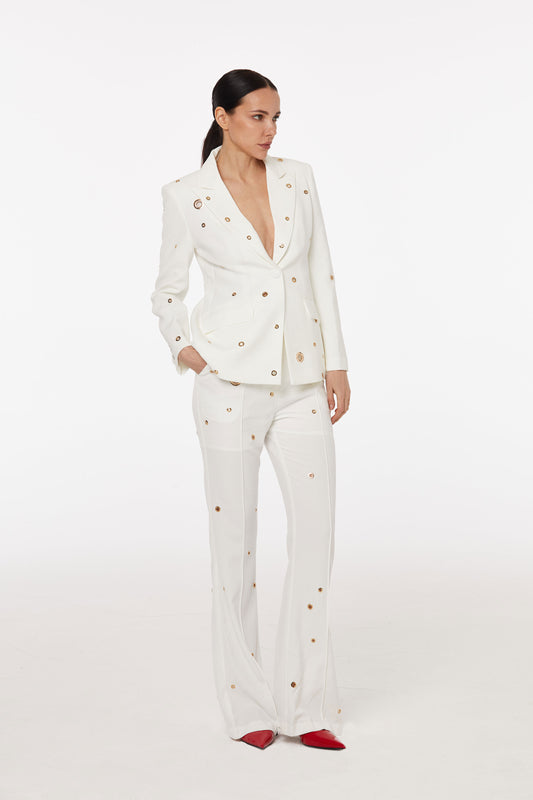 White pantsuit set with gold embellishment