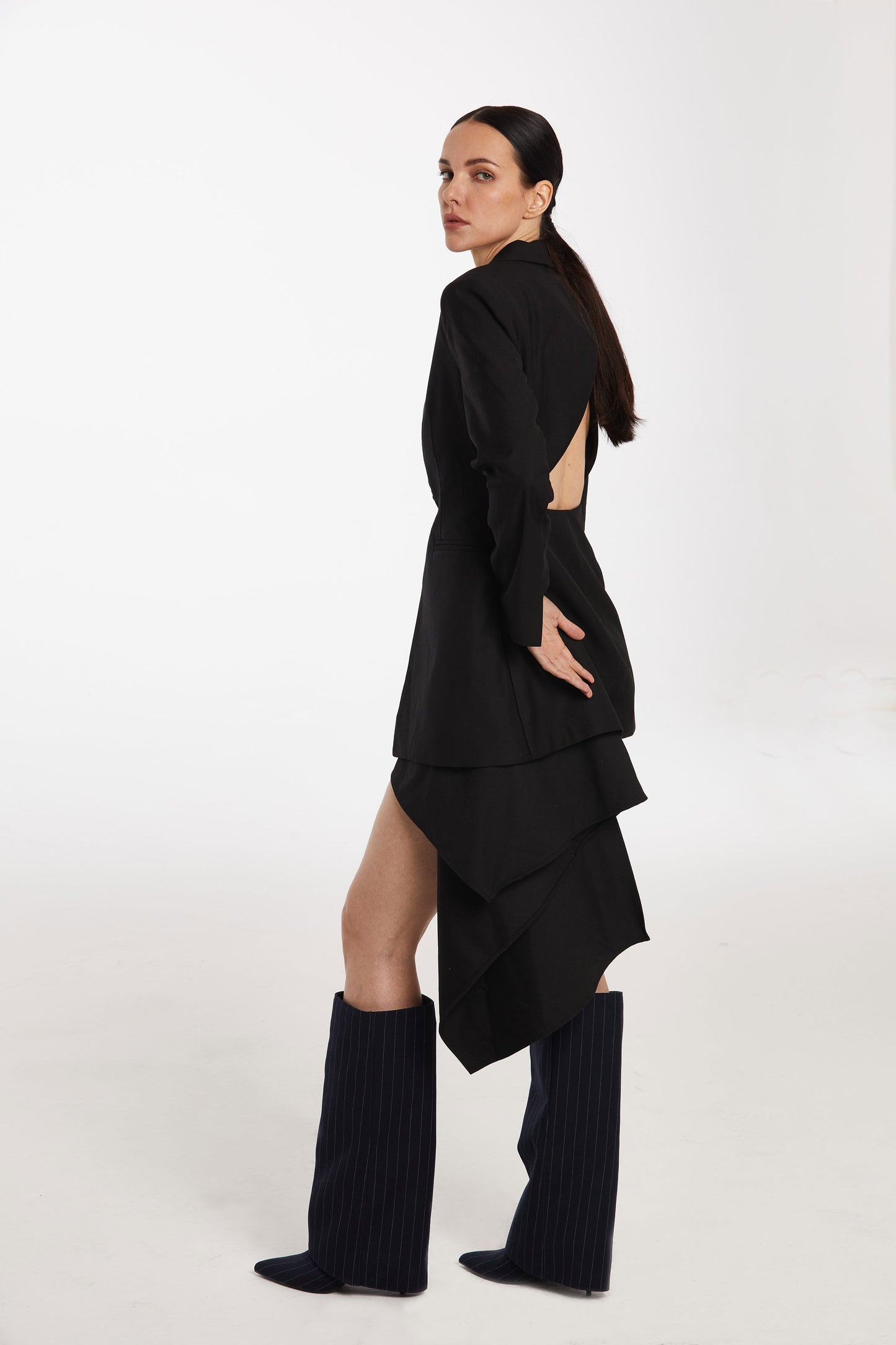 Asymmetric drape blazer dress in black