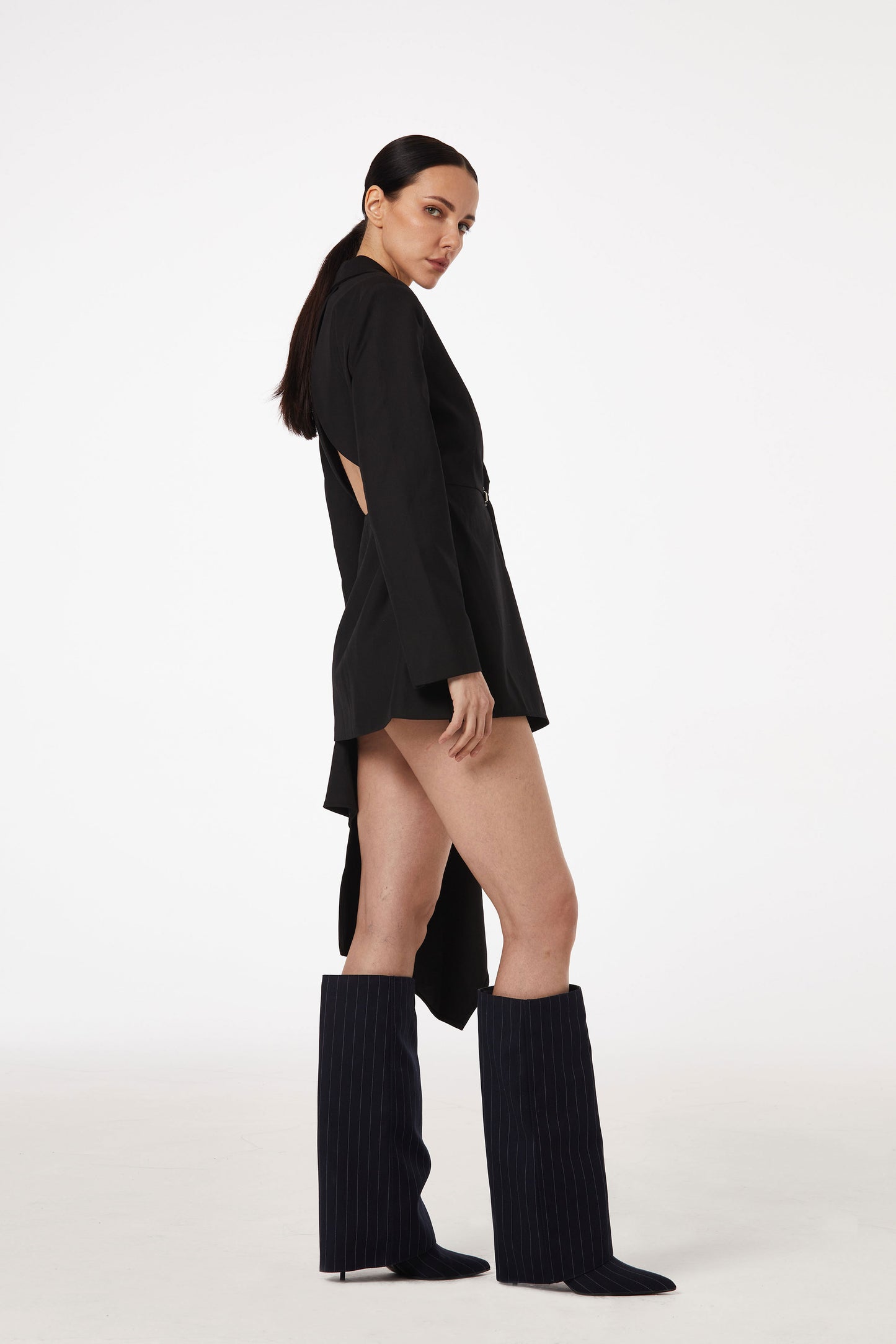 Asymmetric drape blazer dress in black