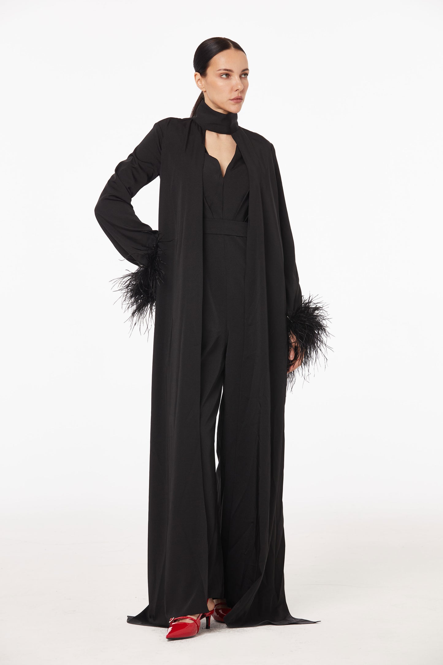 Magnificent feather-trimmed silk jumpsuit