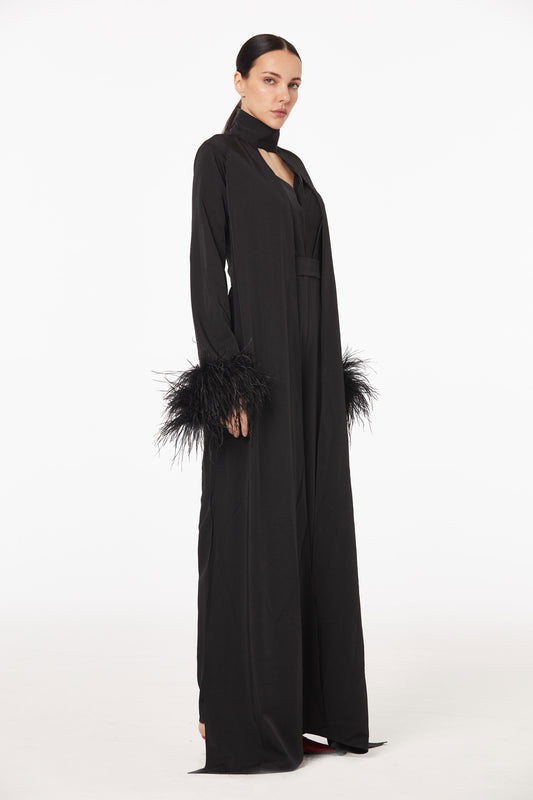 Magnificent feather-trimmed silk jumpsuit