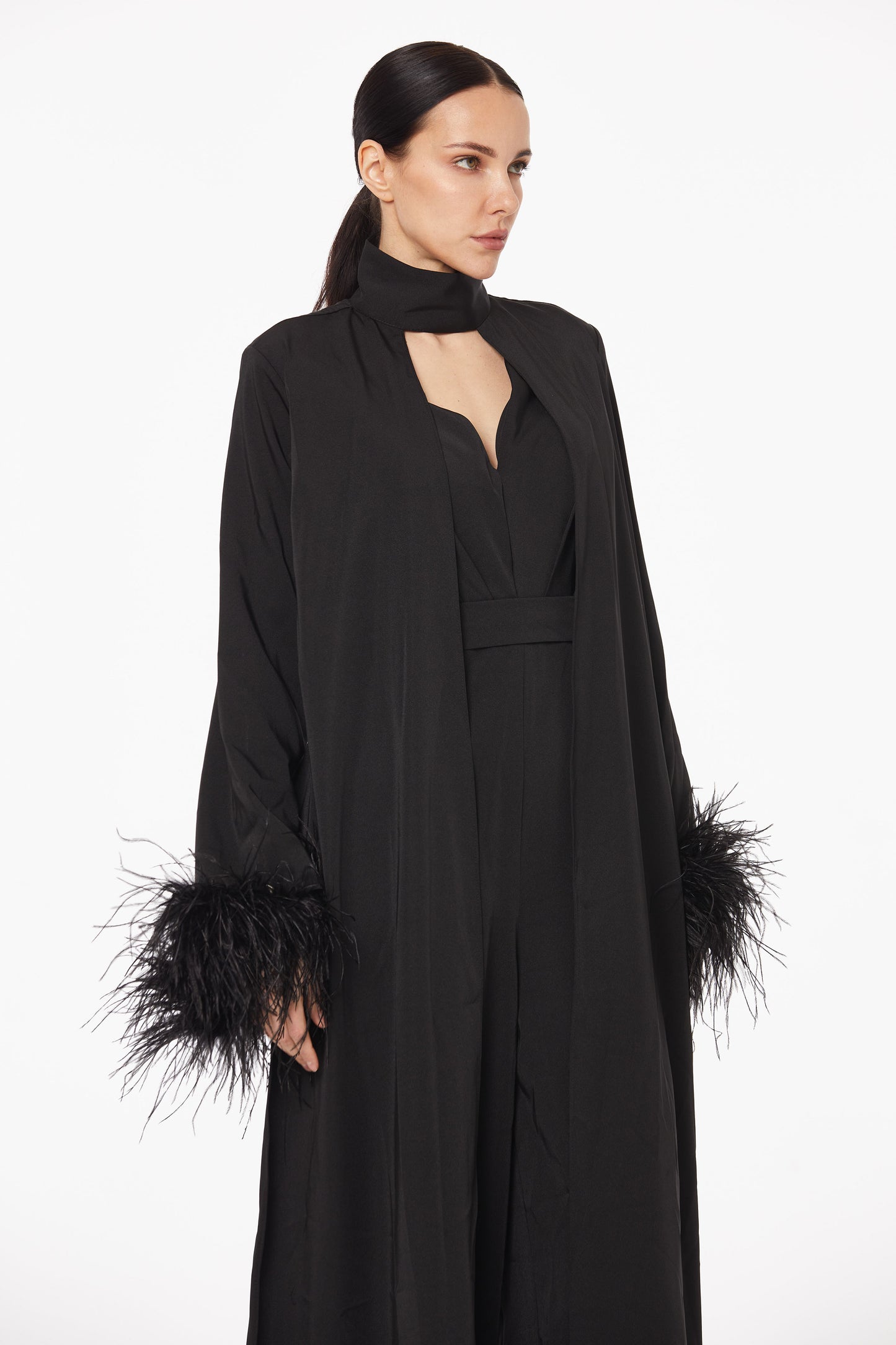 Magnificent feather-trimmed silk jumpsuit