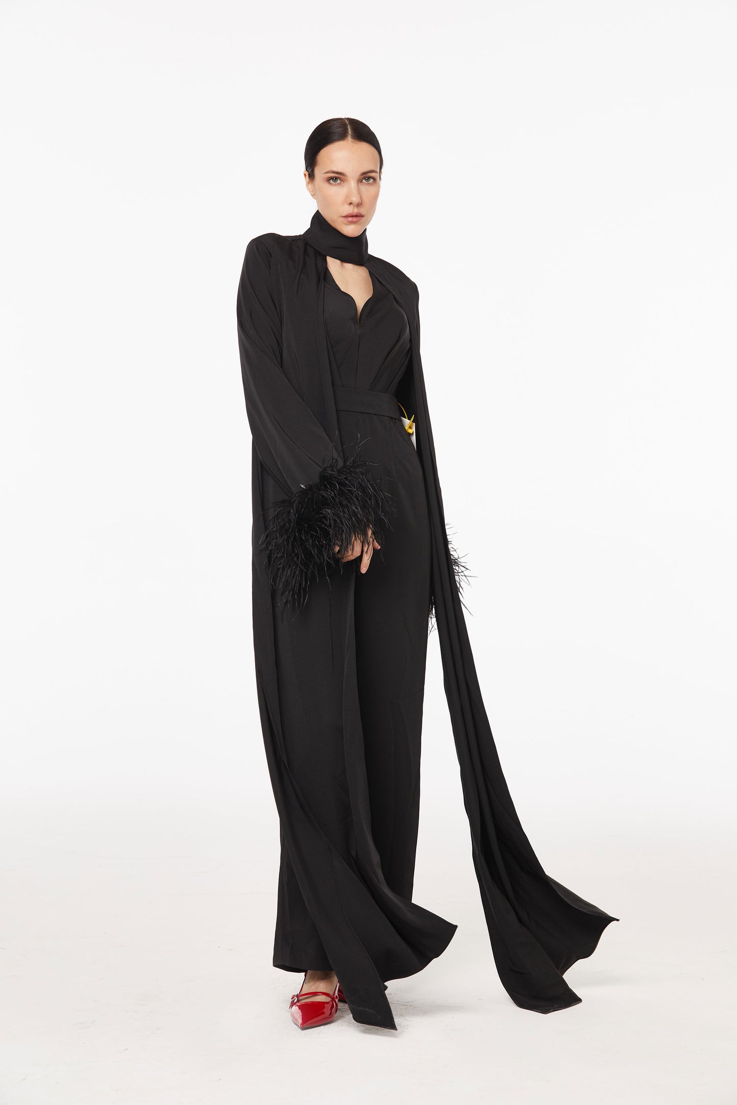 Magnificent feather-trimmed silk jumpsuit