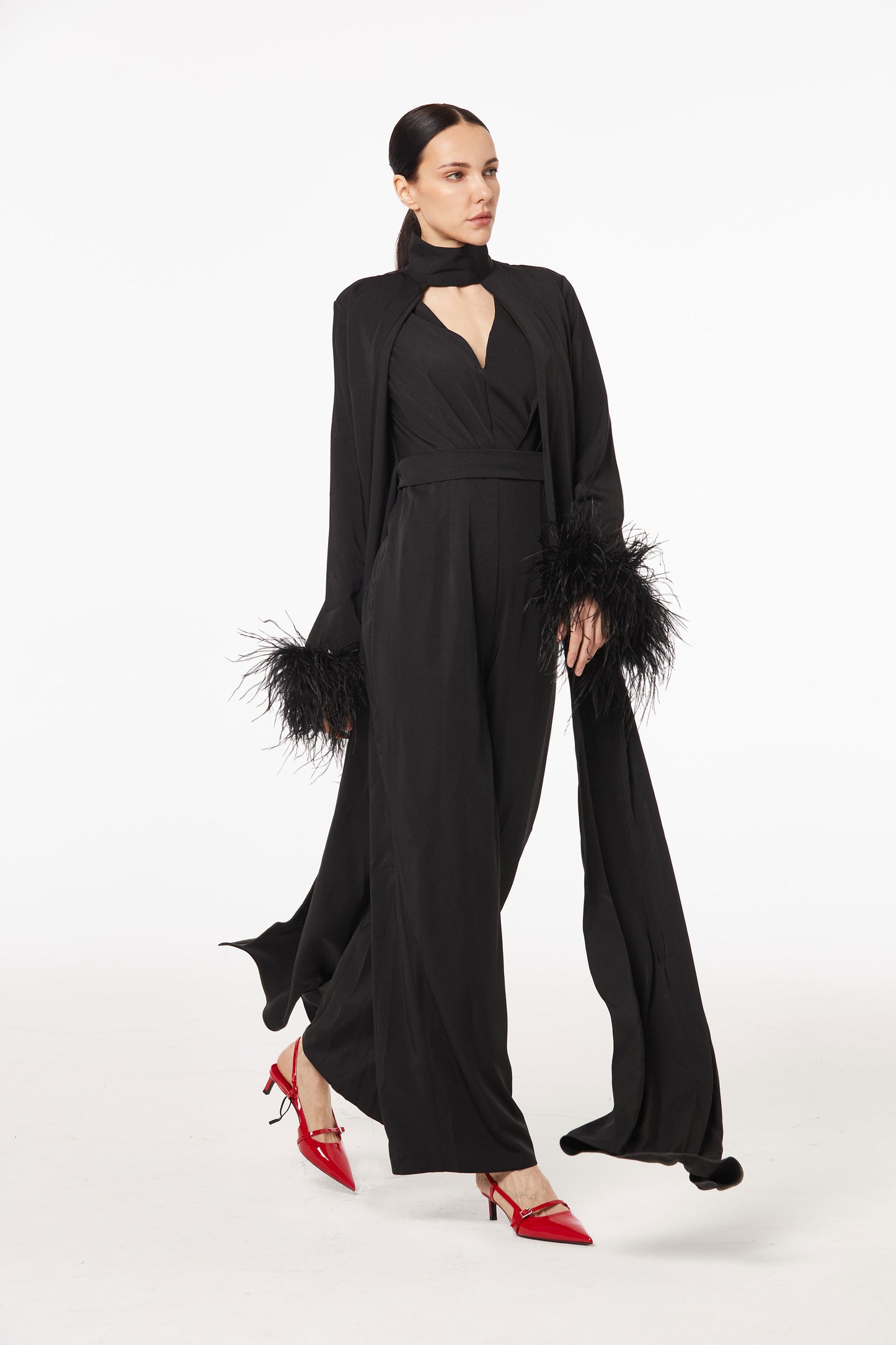 Magnificent feather-trimmed silk jumpsuit