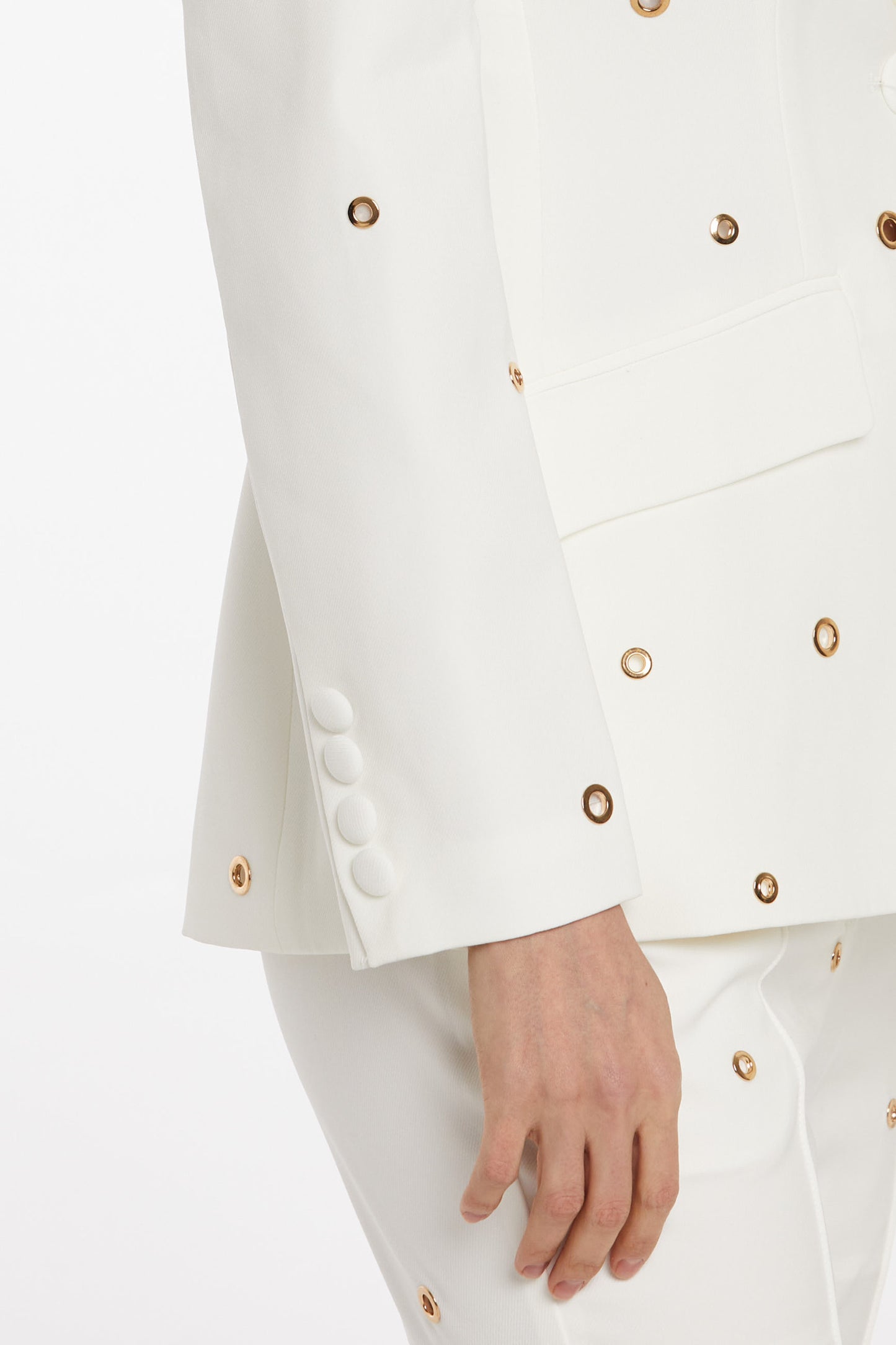 White pantsuit set with gold embellishment