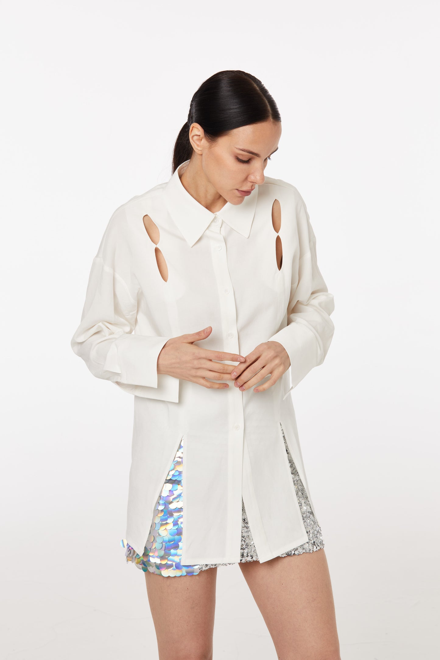 White linen cut-out shirt with sparkling sequin skirt