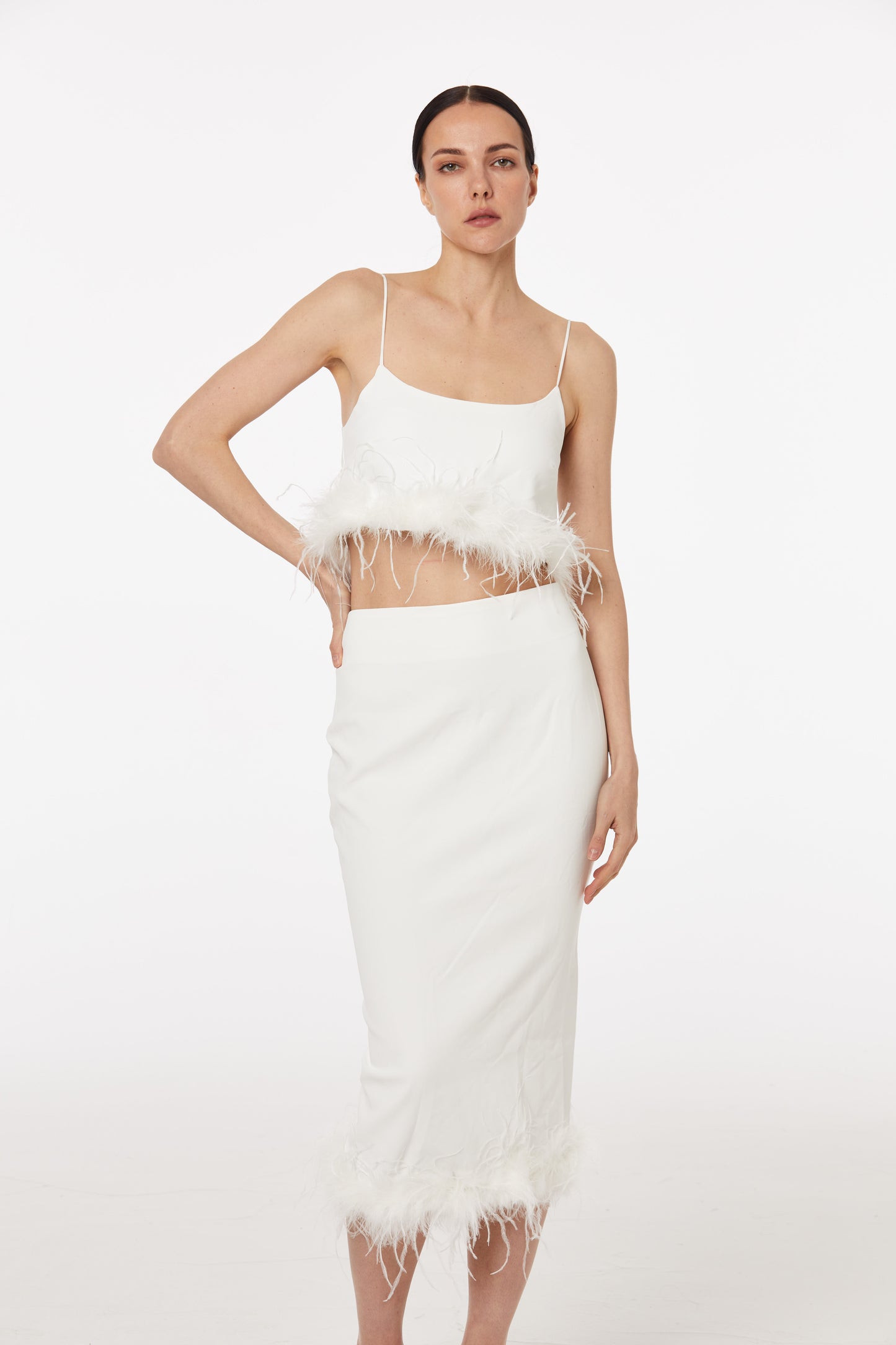 Angelic ballerina feather-trimmed top and skirt