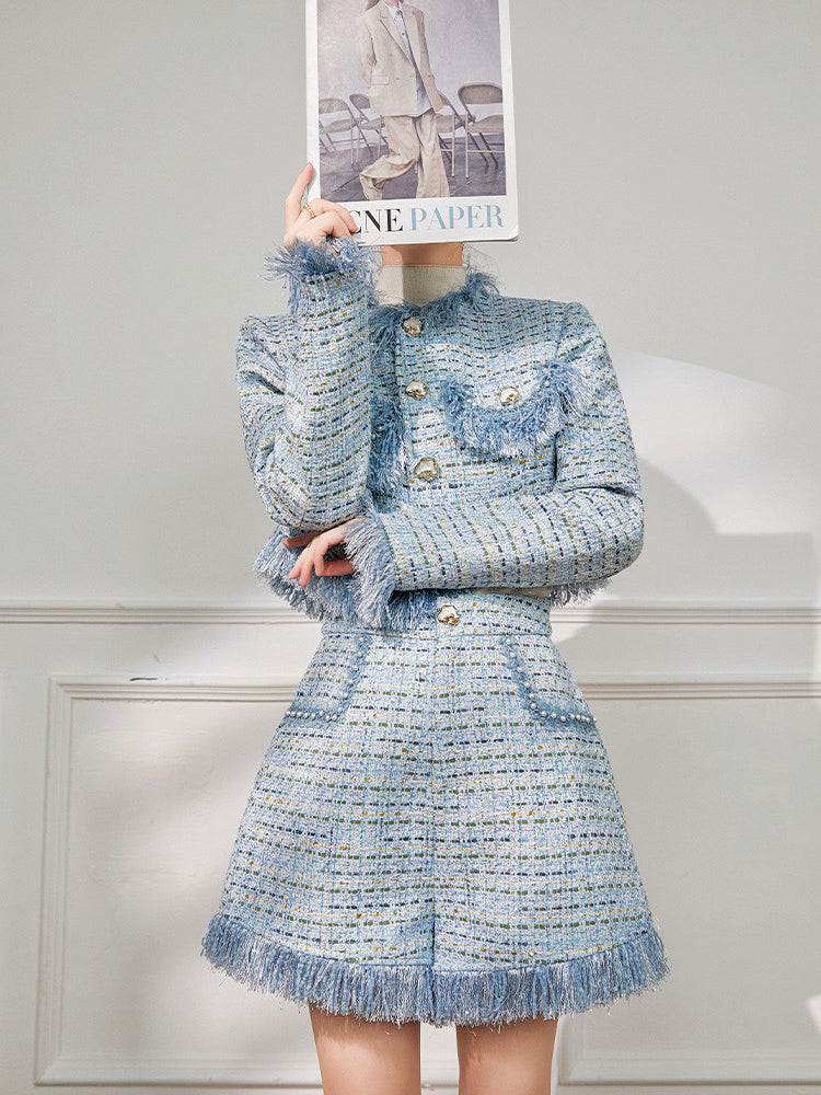 Pre-order "Tweed" blue feather-trimmed jacket and skirt set