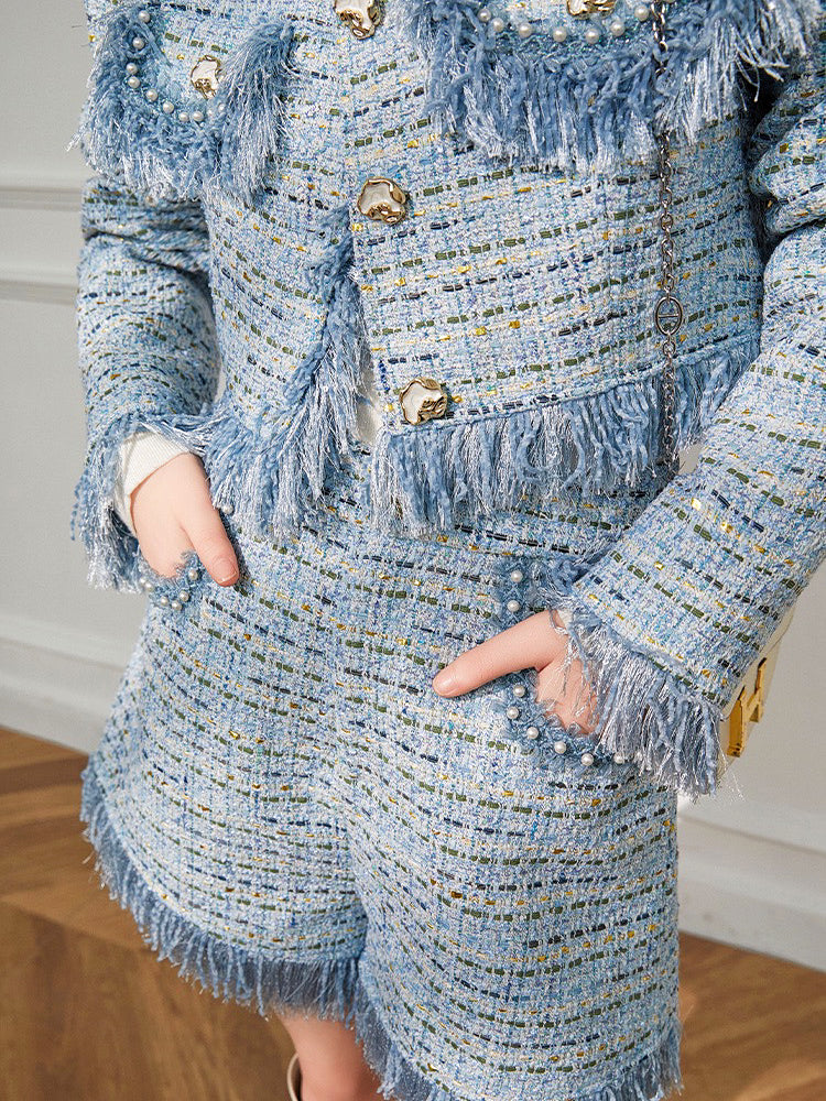 Pre-order "Tweed" blue feather-trimmed jacket and skirt set