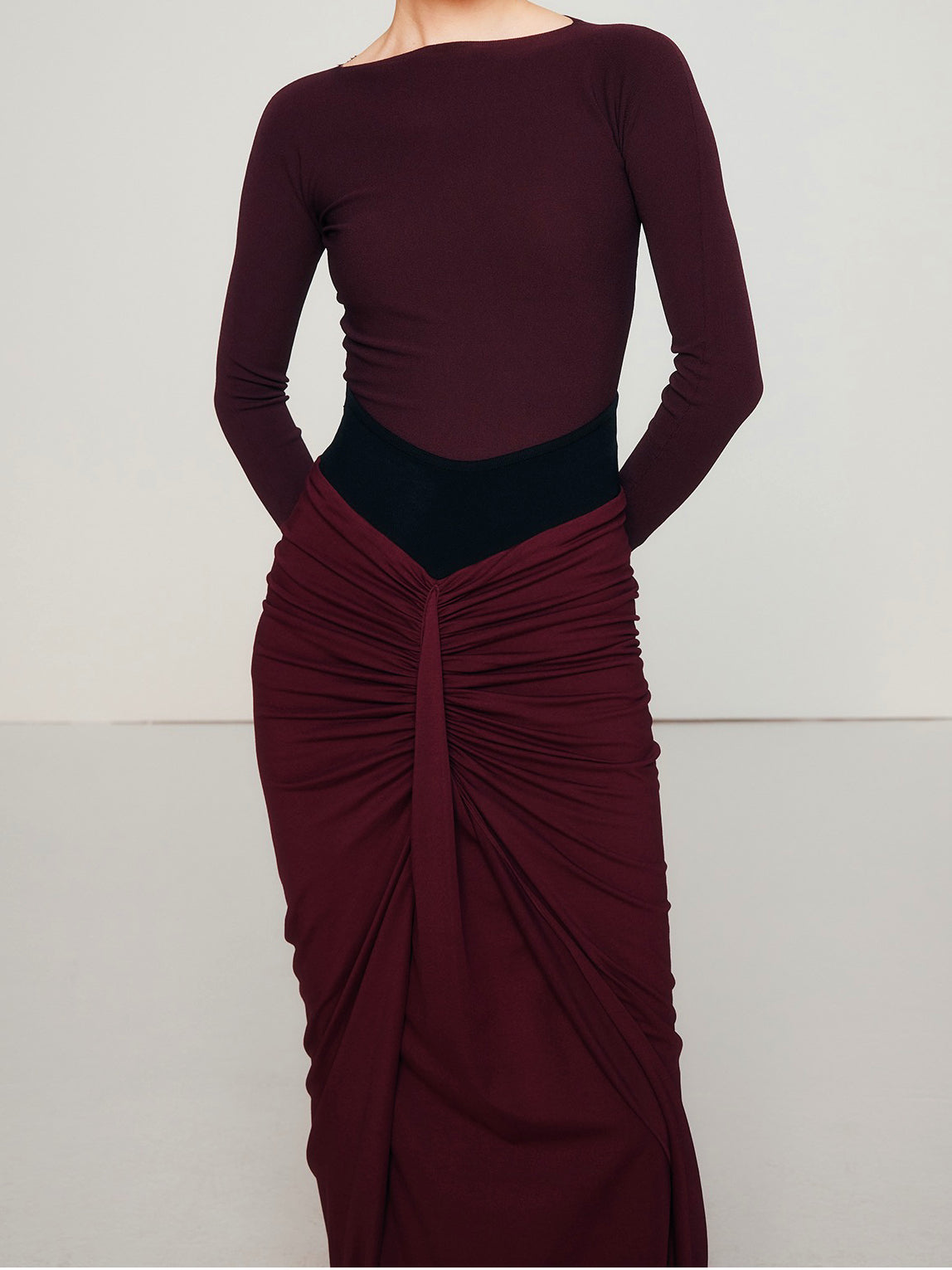 Pre-order Burgundy mesh and draped two-piece set