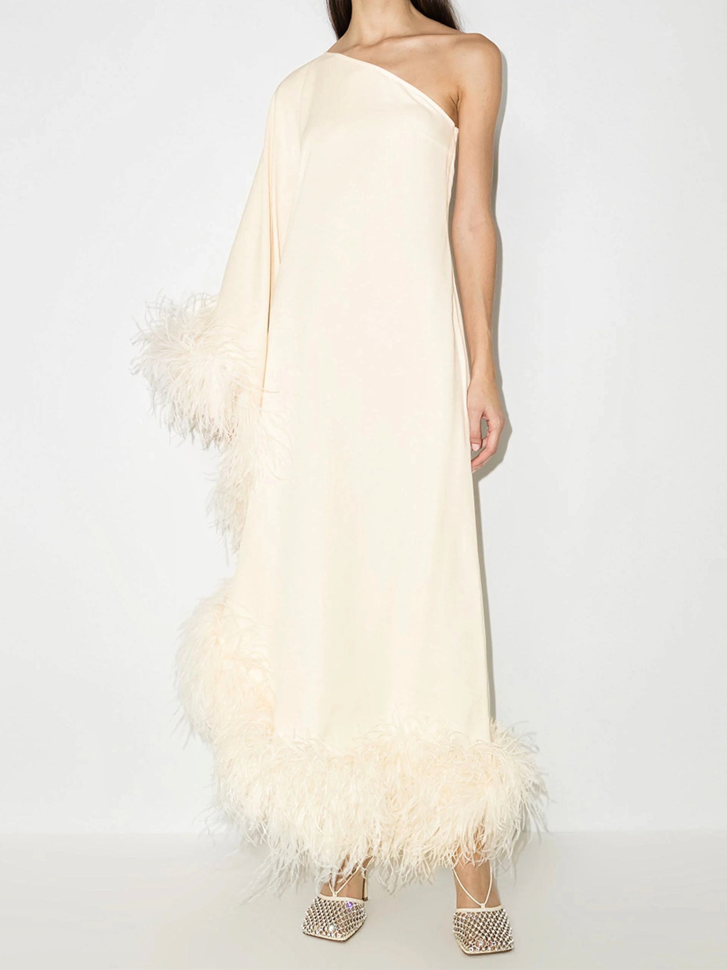 Pre-order White extravaganza feather-trimmed gown