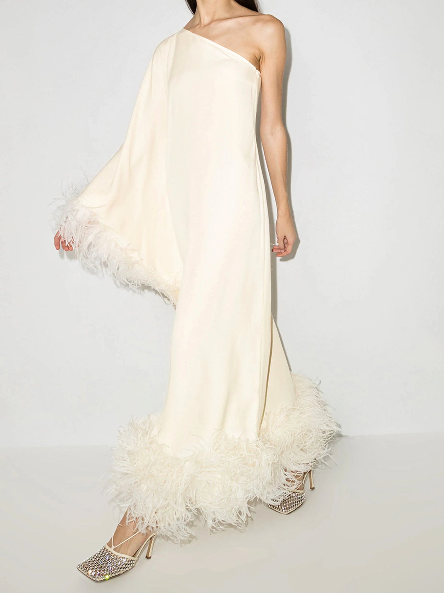 Pre-order White extravaganza feather-trimmed gown