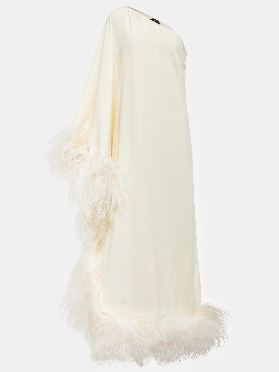 Pre-order White extravaganza feather-trimmed gown