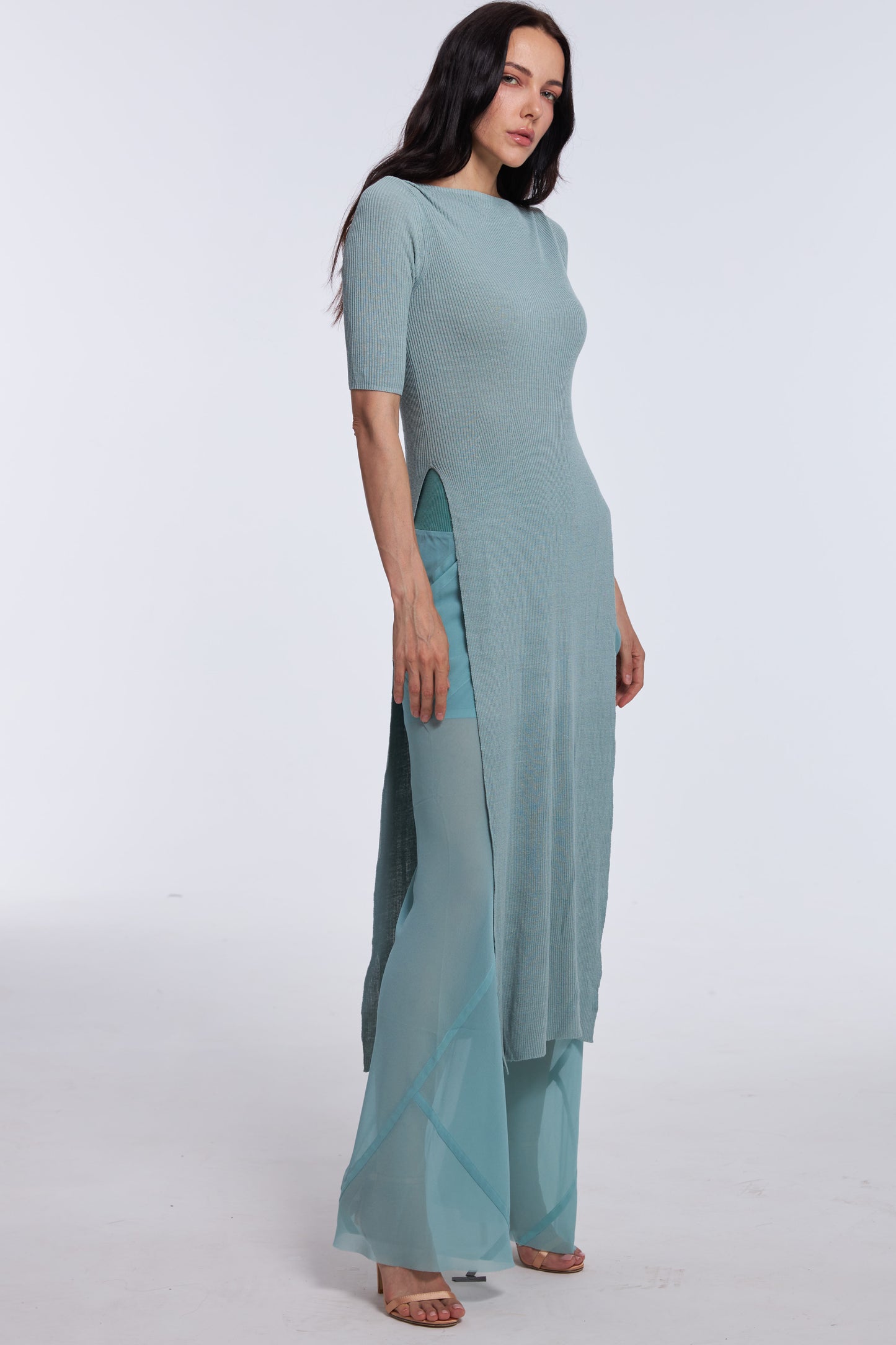 Elegant Azure Top with Chiffon Pants Set