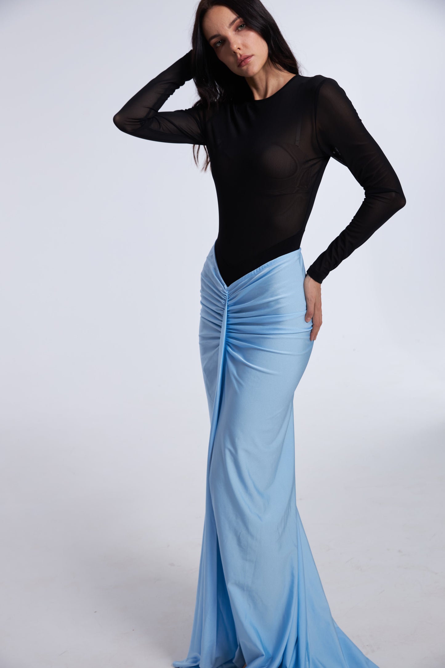 Black Elegance long sleeves top & Sky-Blue Allure Skirt Ensemble