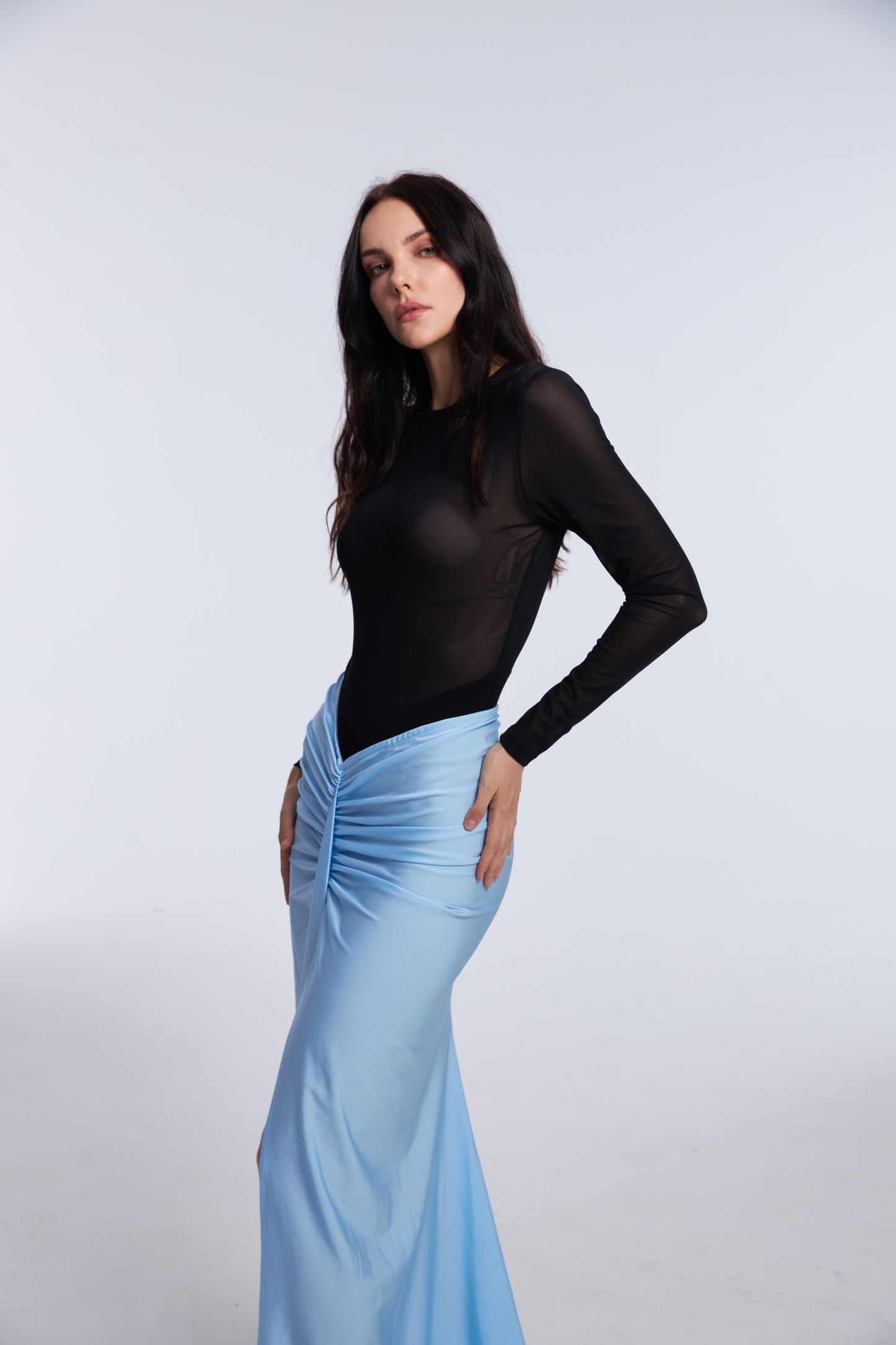 Black Elegance long sleeves top & Sky-Blue Allure Skirt Ensemble