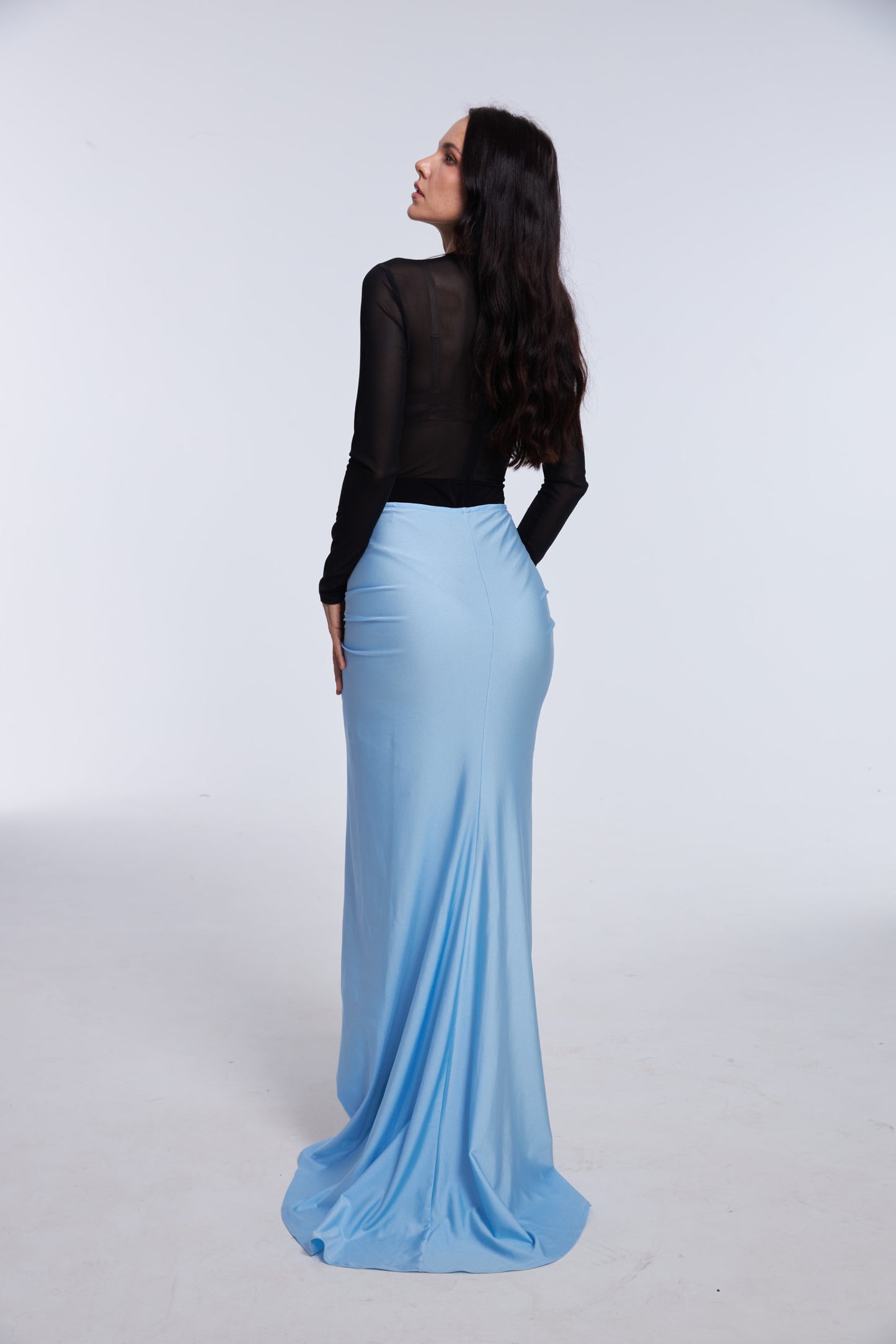 Black Elegance long sleeves top & Sky-Blue Allure Skirt Ensemble