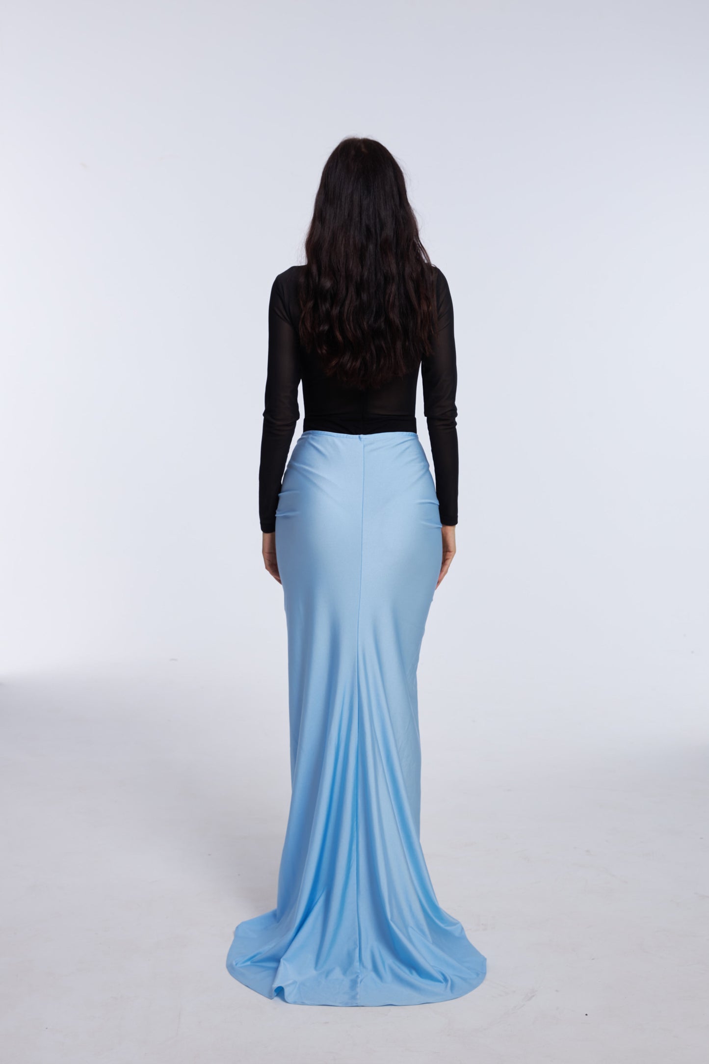 Black Elegance long sleeves top & Sky-Blue Allure Skirt Ensemble