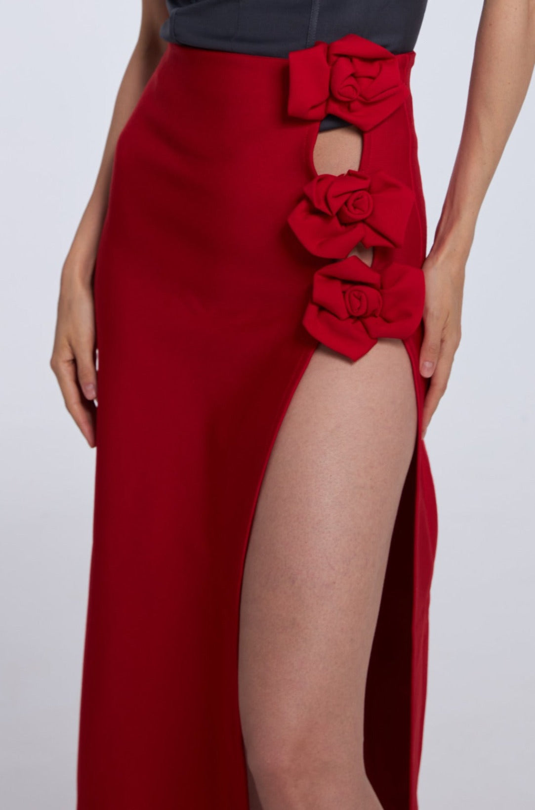 Red-Hot 3D Floral Highslit MaxiSkirt