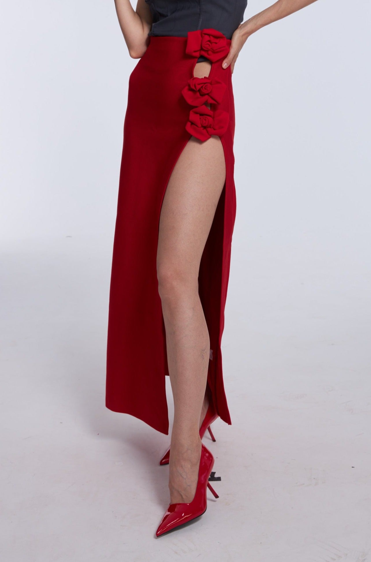 Red-Hot 3D Floral Highslit MaxiSkirt