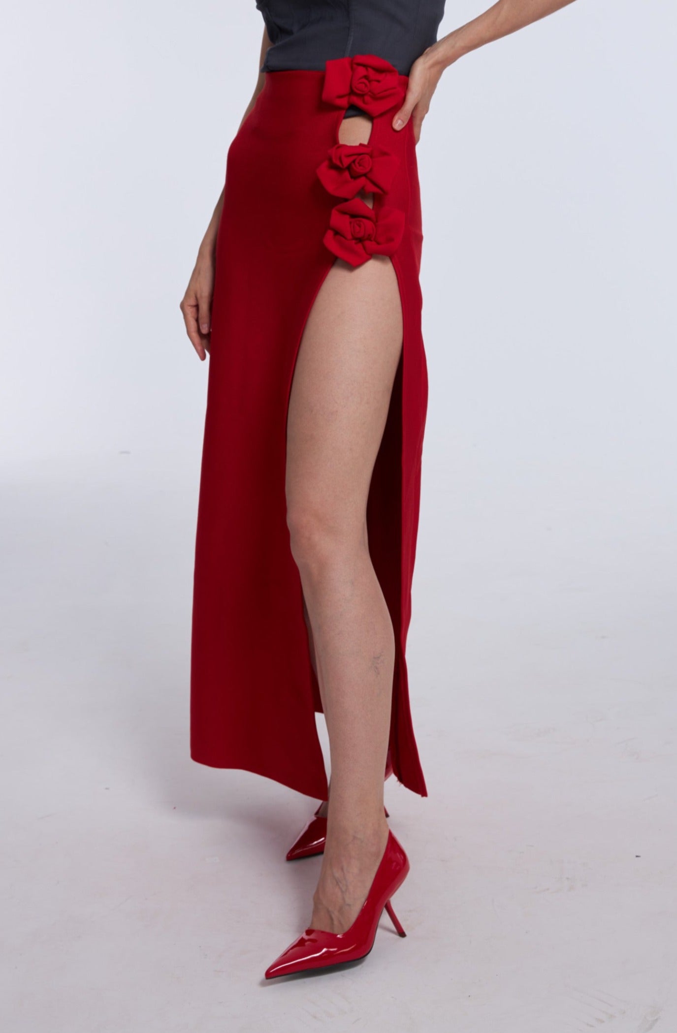 Red-Hot 3D Floral Highslit MaxiSkirt