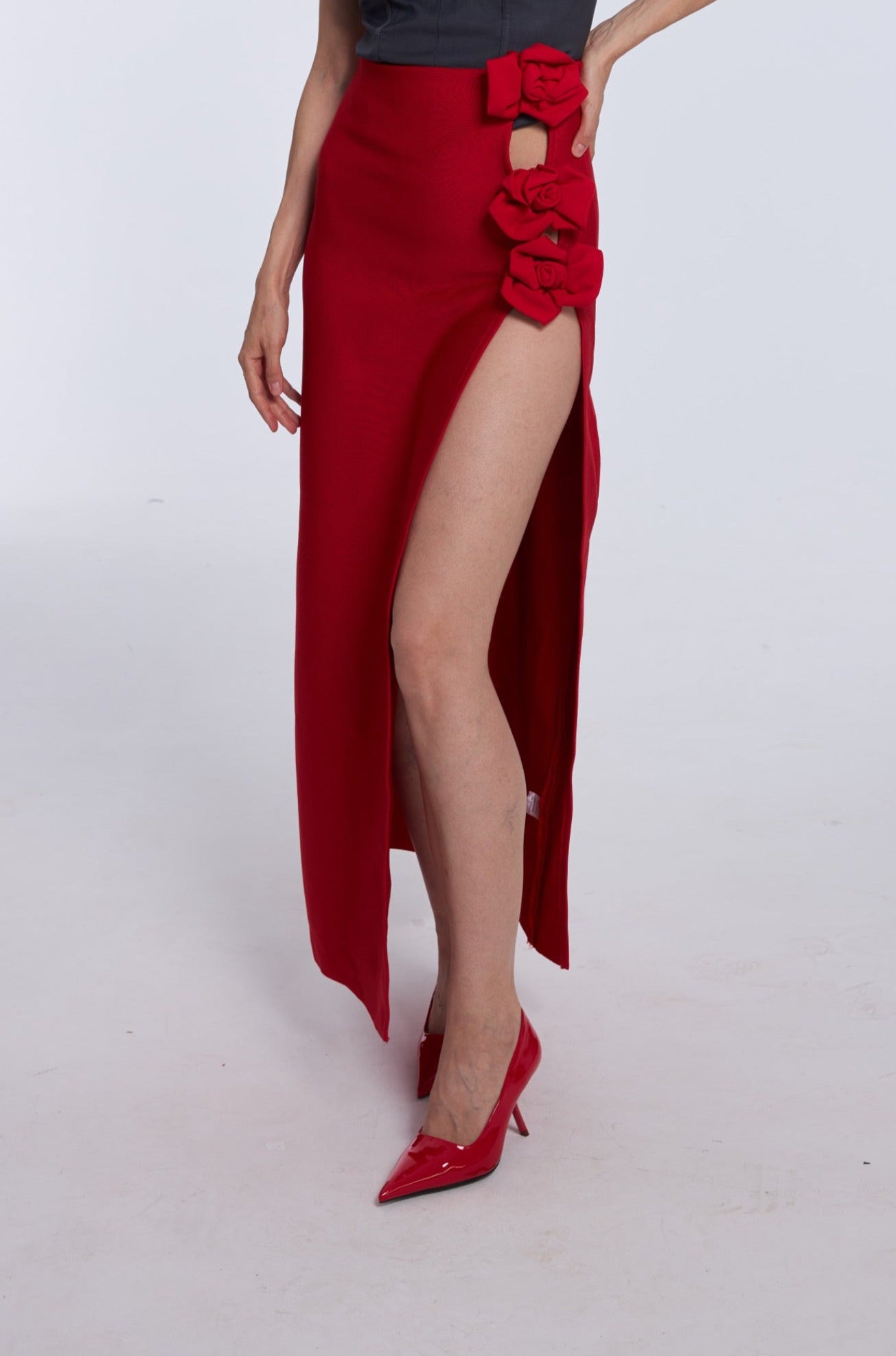 Red-Hot 3D Floral Highslit MaxiSkirt