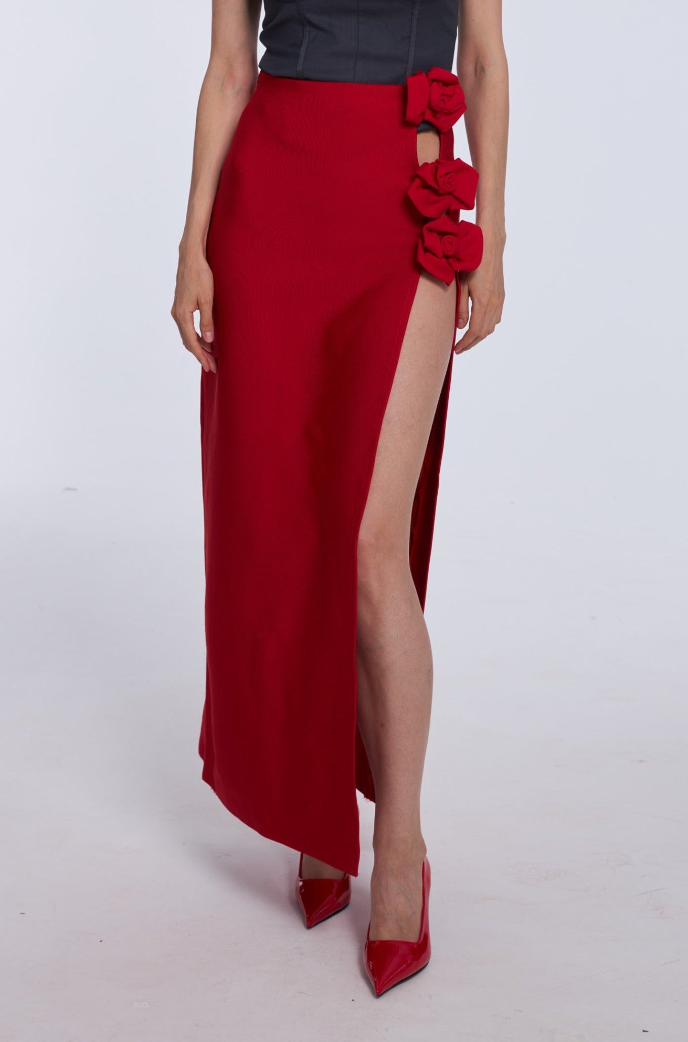 Red-Hot 3D Floral Highslit MaxiSkirt