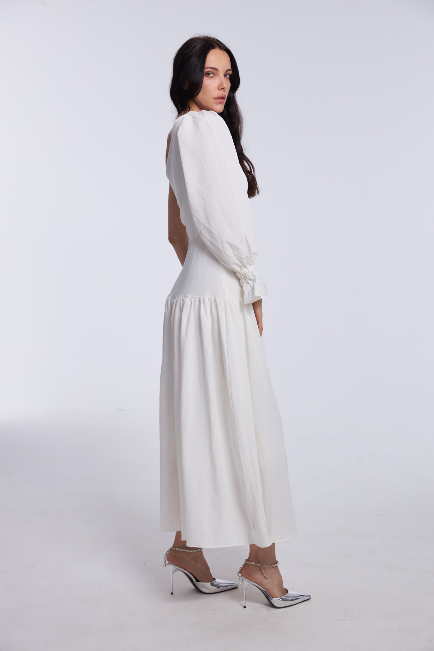 Asymmetric Goddess White Midi Dress