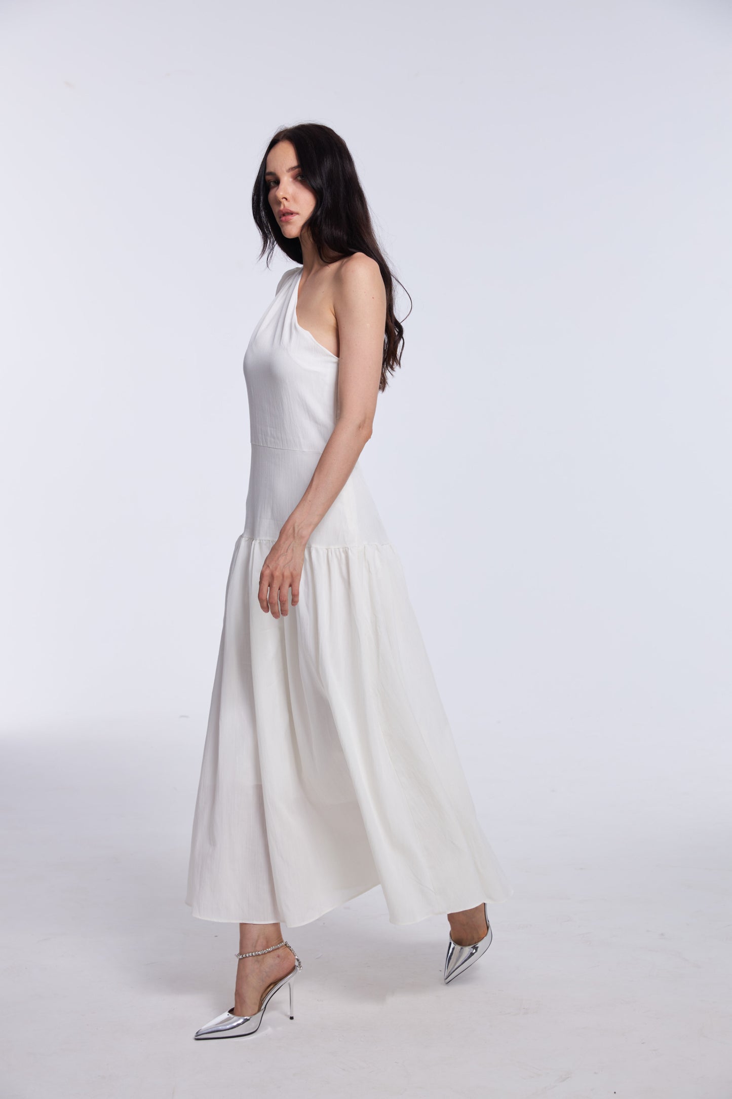 Asymmetric Goddess White Midi Dress