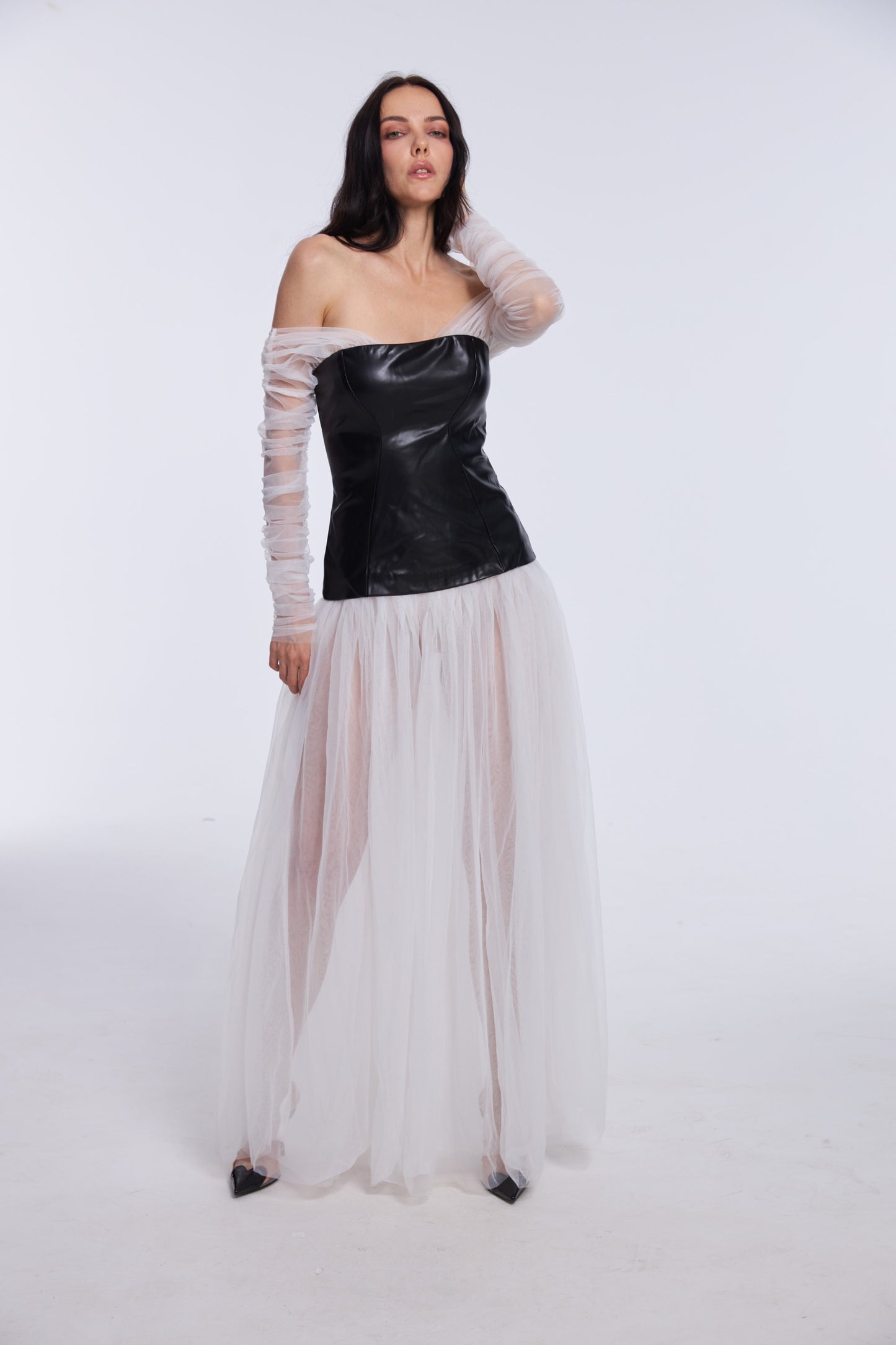 Off-Shoulder Mesh Long Sleeve Faux Leather Bodice Dress